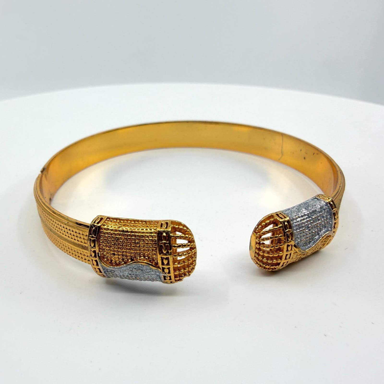 Elegant Gold Tone Cuff Bracelet Textured Band with Two-Tone Accent Open Design
