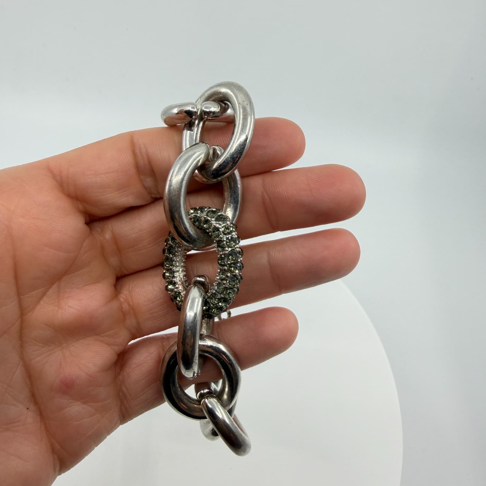 Chunky Silver Tone Link Bracelet with Crystal Encrusted Accent Statement Jewelry