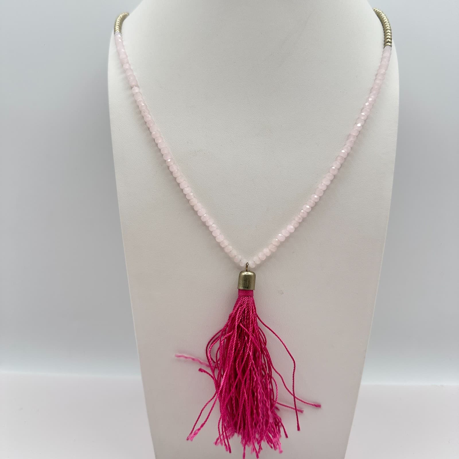 Vintage Y2K Pink Tassel Necklace Boho Statement Rose Quartz Beaded Jewelry Y2K