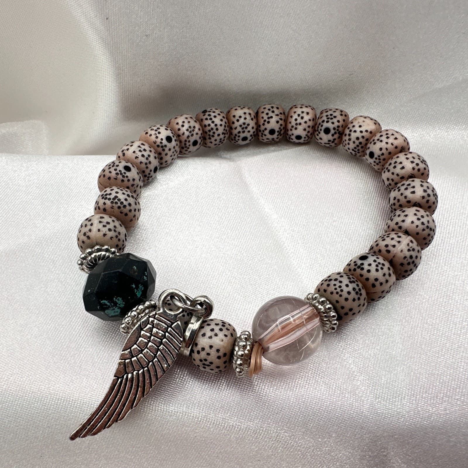 Vintage 80s Spotted Seed Bodhi Bead Bracelet Silver Tone Wing Charm Zen Jewelry