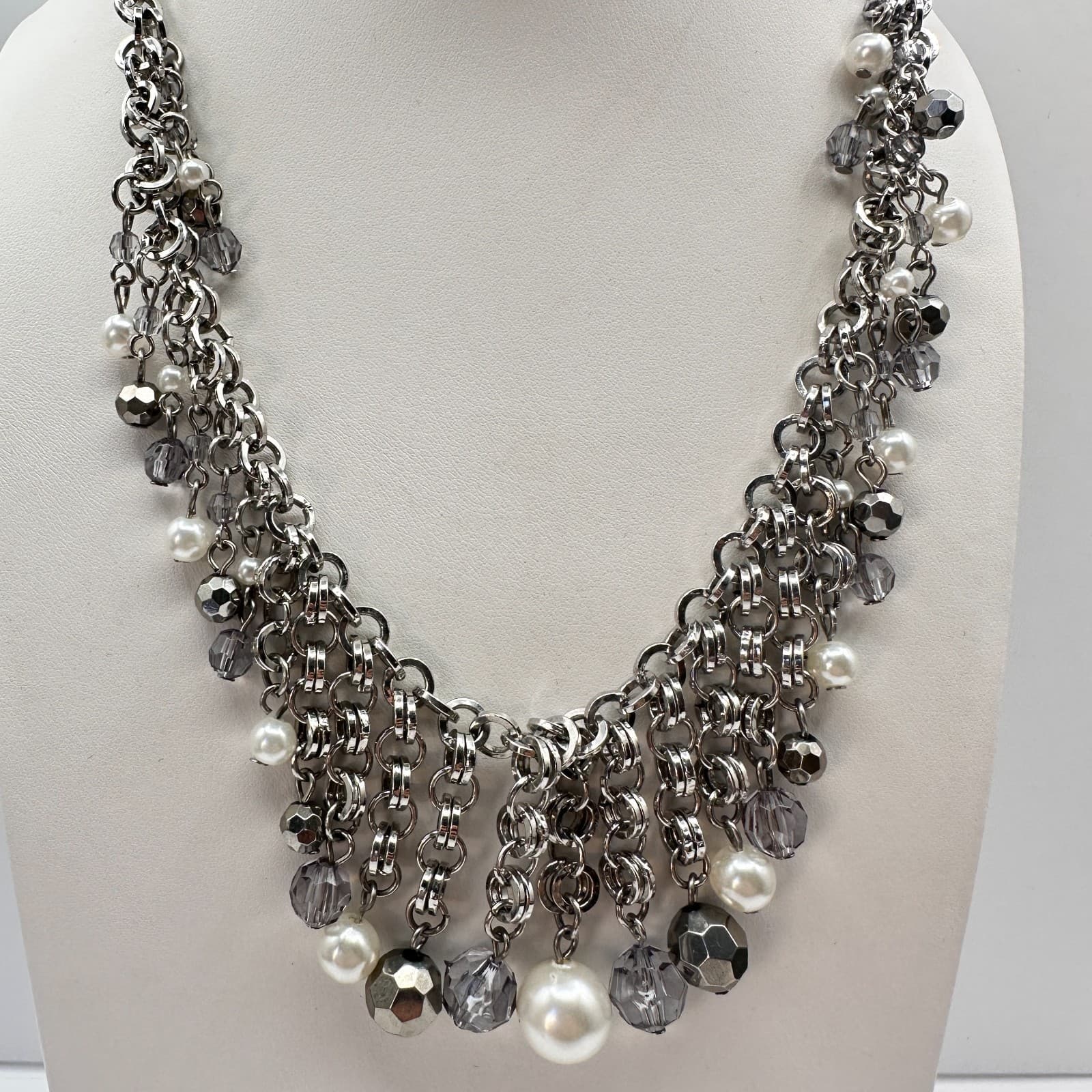 Vintage 90s Silver Tone Bib Necklace Faux Pearl Beaded Charm Women's Jewelry 90s