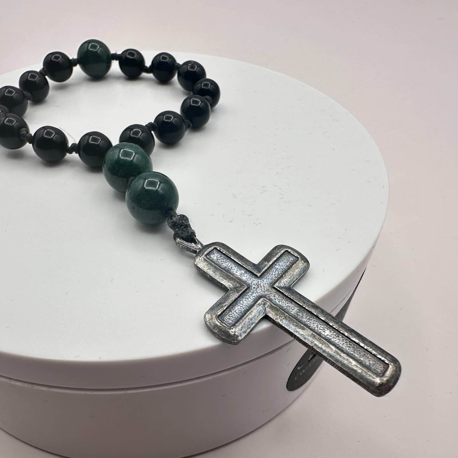 Vintage 90s Glass Beaded Rosary Bracelet SilverTone Cross Boho Religious Jewelry