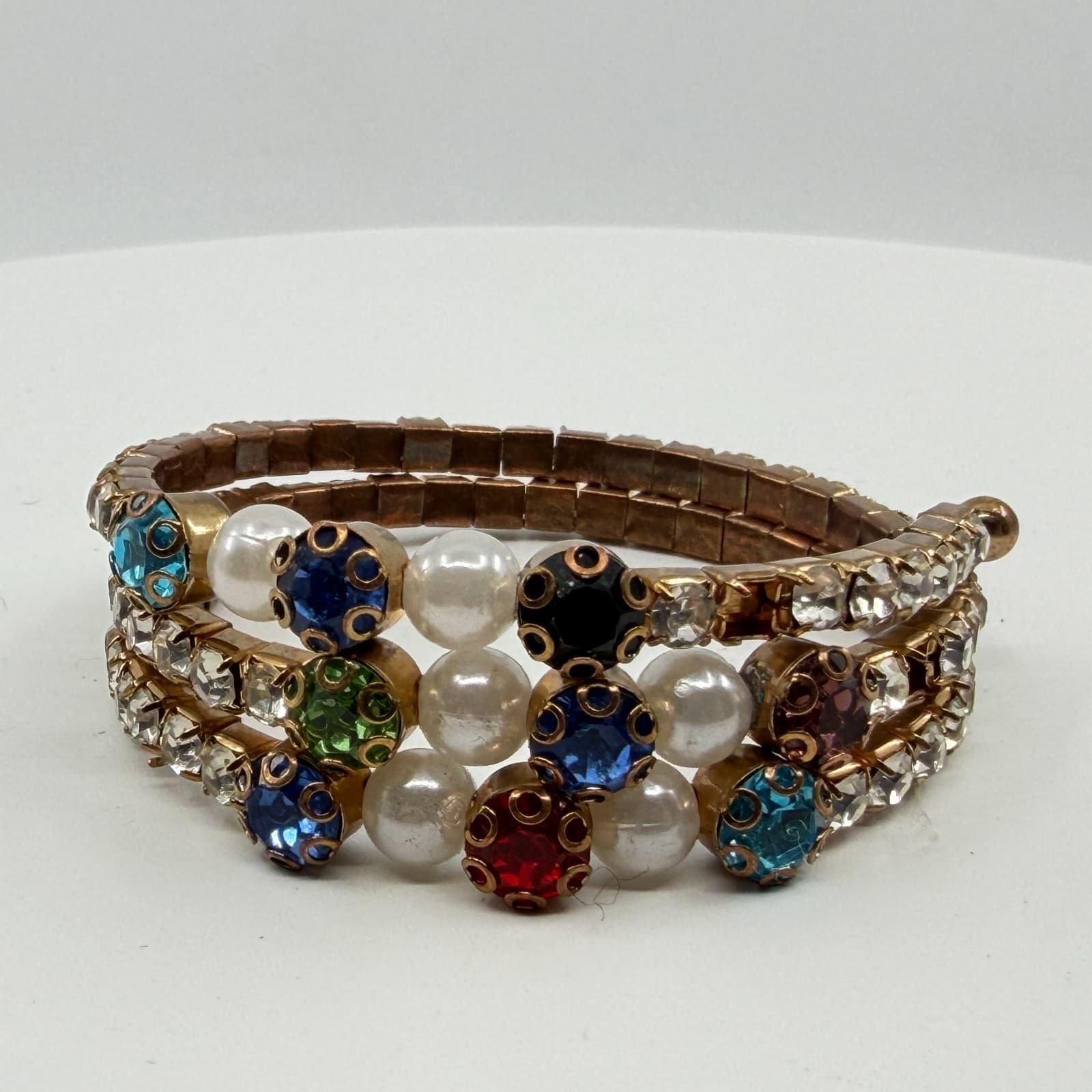 Multi-Color Rhinestone Pearl Stretch Bracelet Gold Tone Stackable Layered Look