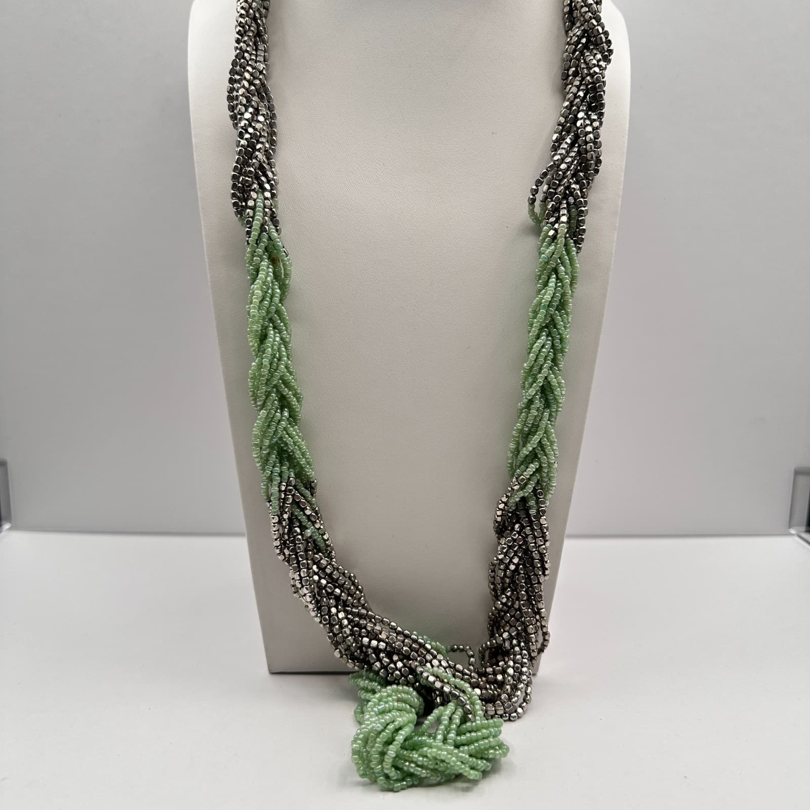 Vintage 90s Multi Strand Mint Green Glass Seed Bead Silver Tone Torsade Necklace