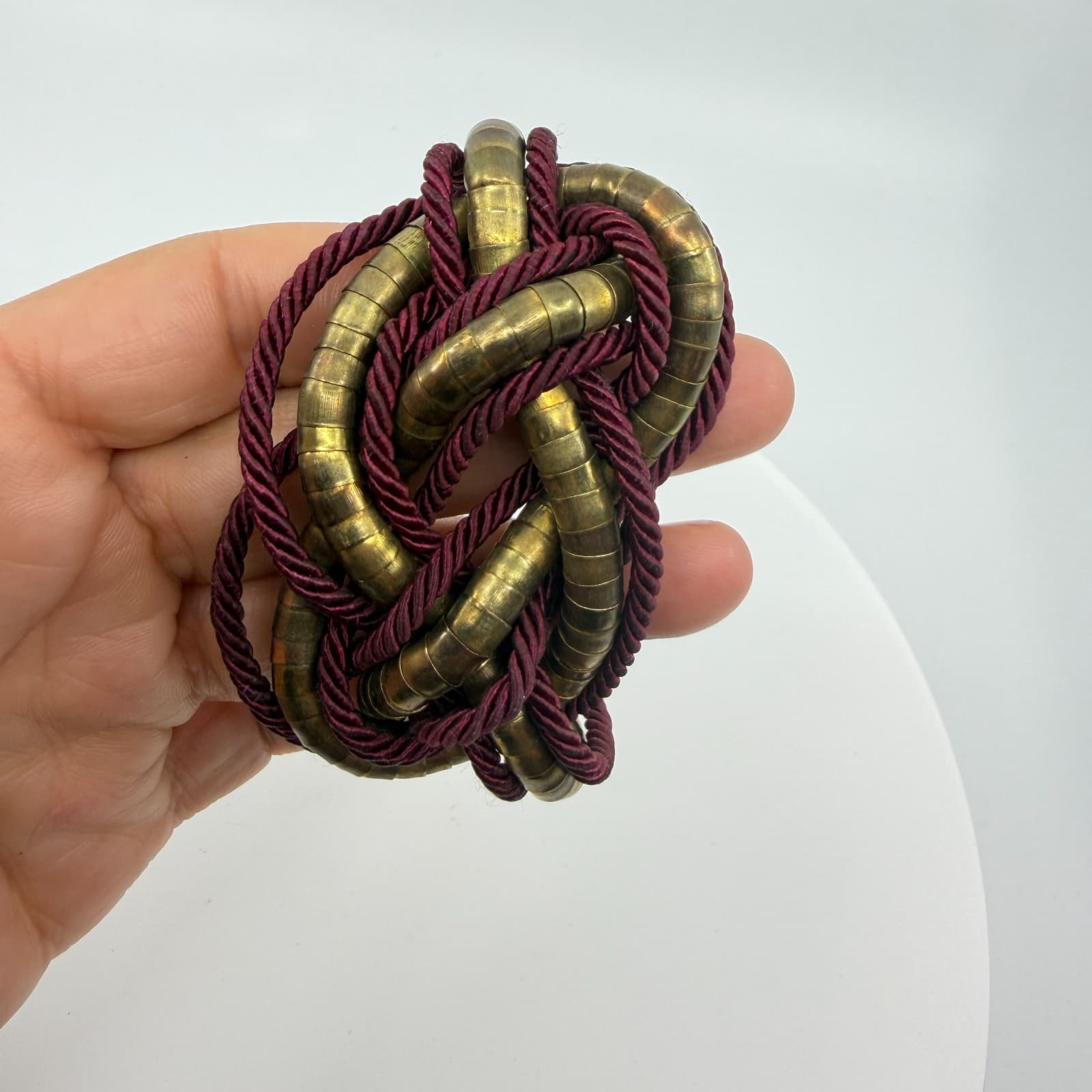 Bold Statement Knot Bracelet Burgundy Cord & Gold Tone Metal Chunky Boho Jewelry
