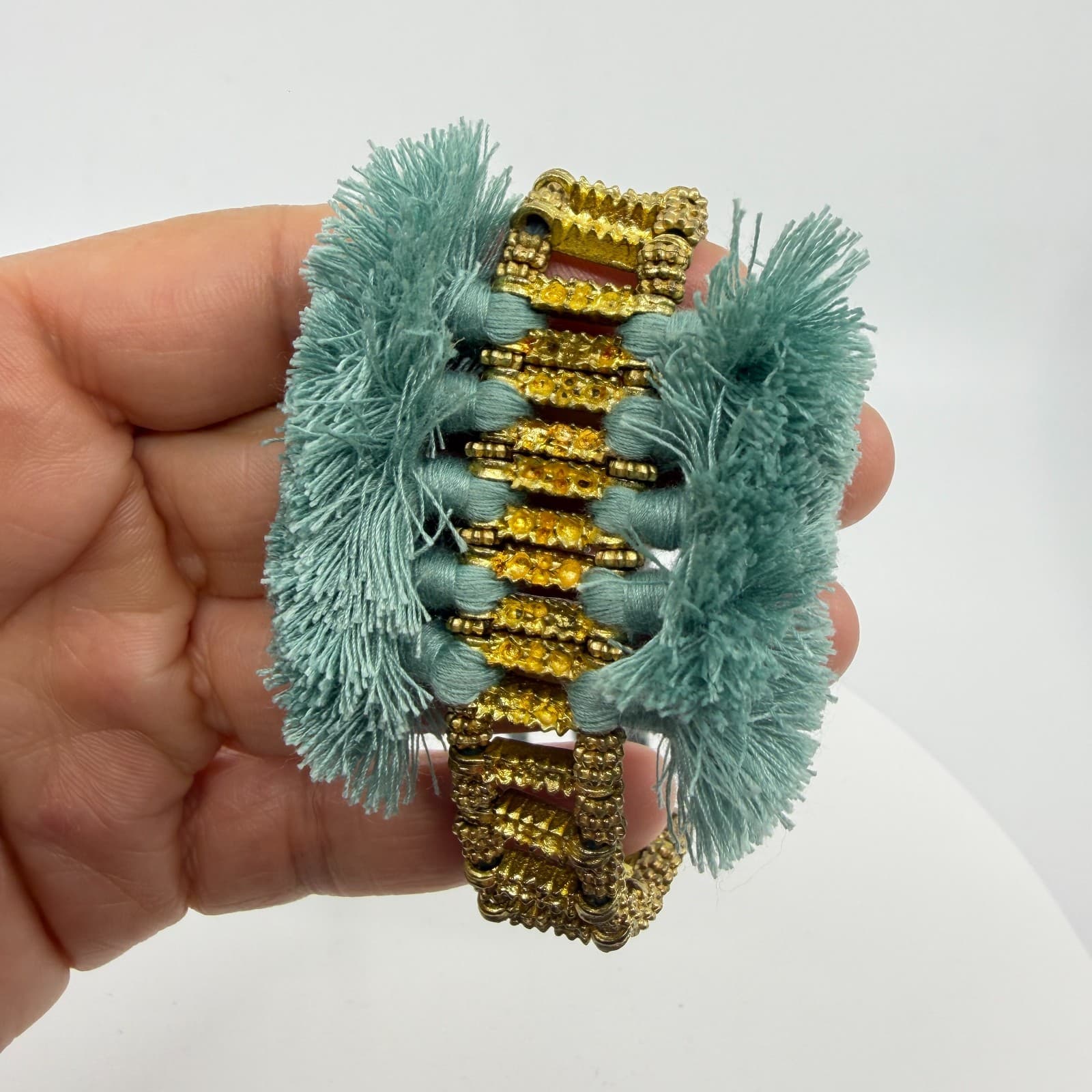 Boho Tassel Bracelet Gold Tone Metal Texture Adjustable Blue Green Fiber Jewelry