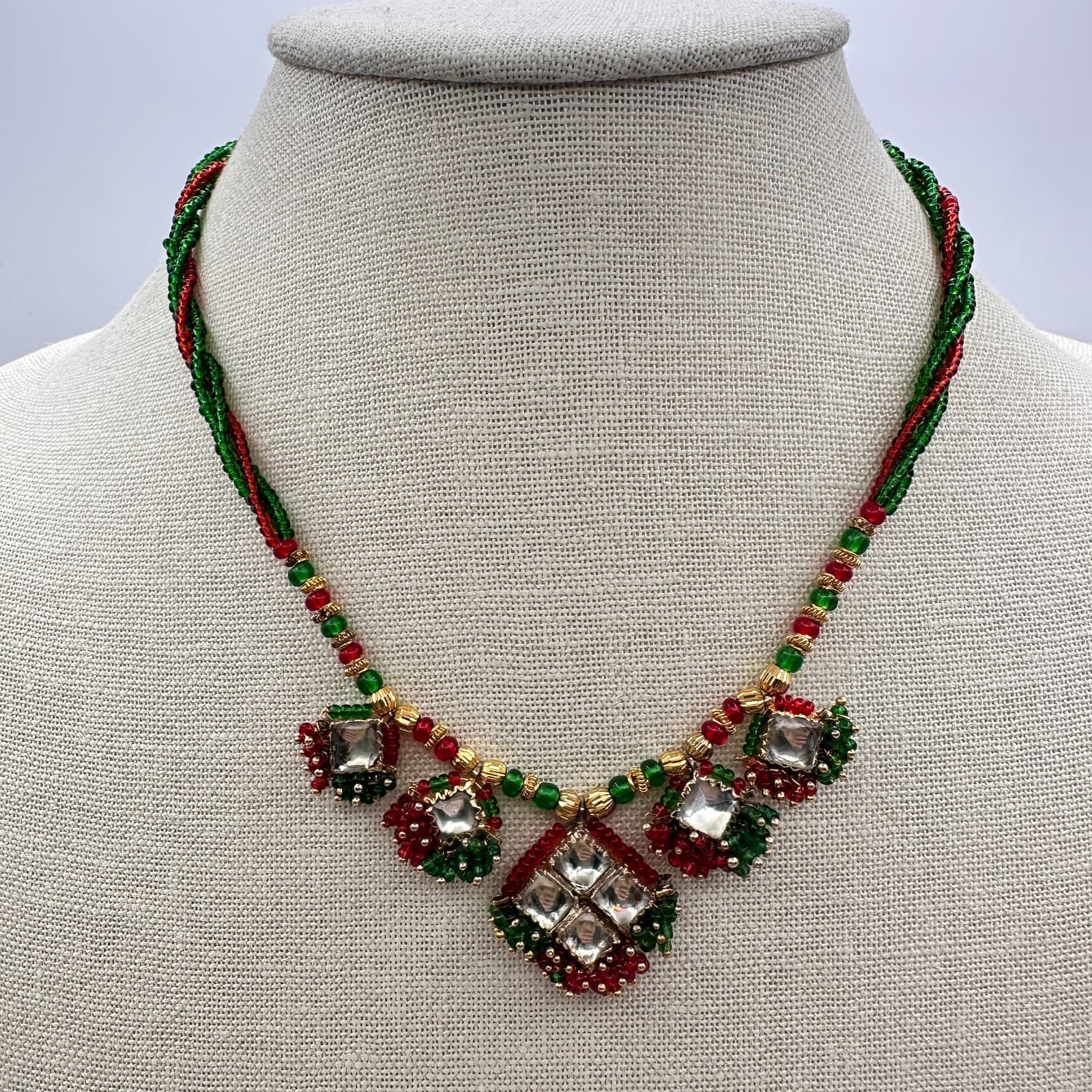 Vintage 90s Seed Bead Kundan Necklace Classic Fashion Statement Women's Jewelry