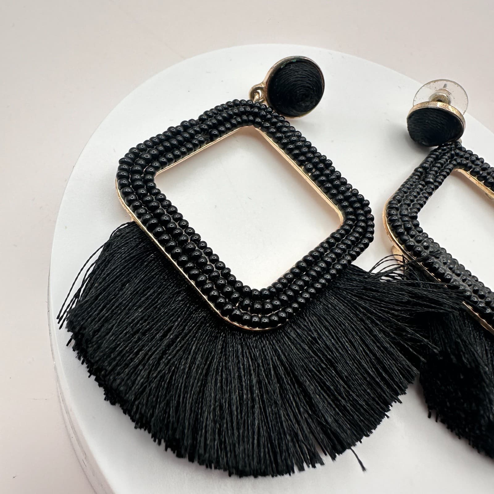 Vintage 90s Black Tassel Beaded Square Drop Earrings Gold Tone Fashion Jewelry