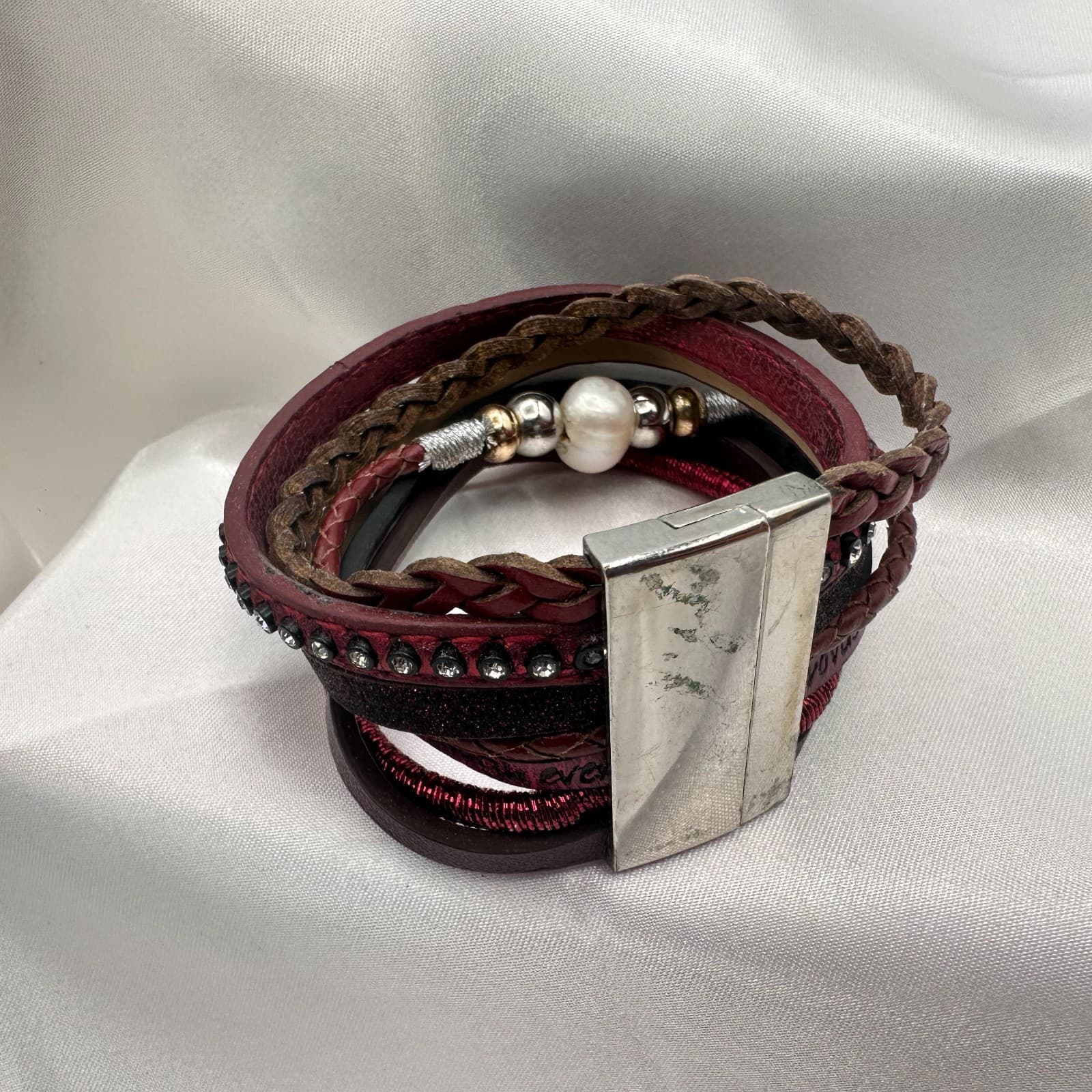 Vintage 80s Color Layered Leather Cuff Bracelet Bead Bohemian Statement Jewelry