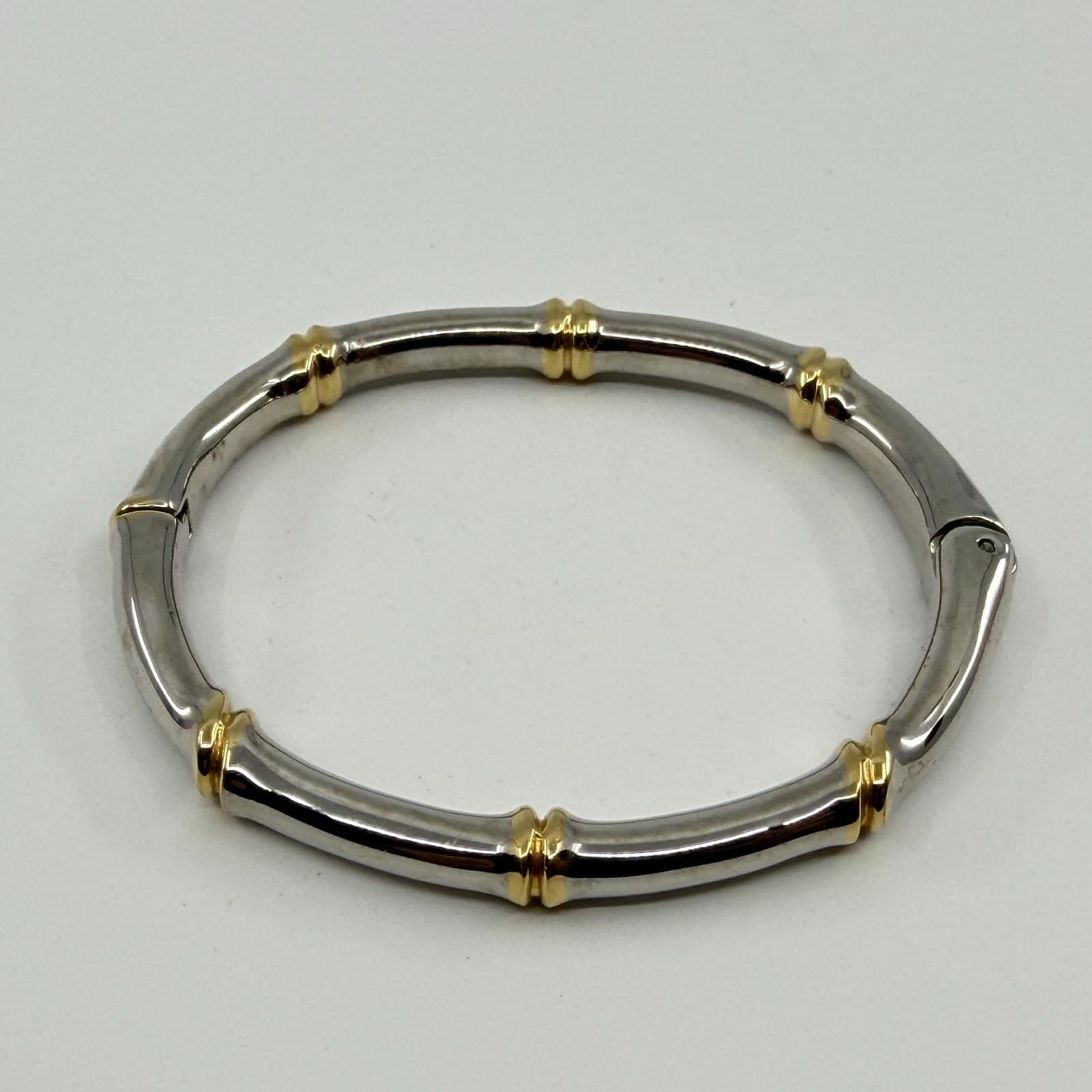 Two-Tone Silver & Gold Tone Bamboo Bangle Bracelet Minimalist Statement Jewelry