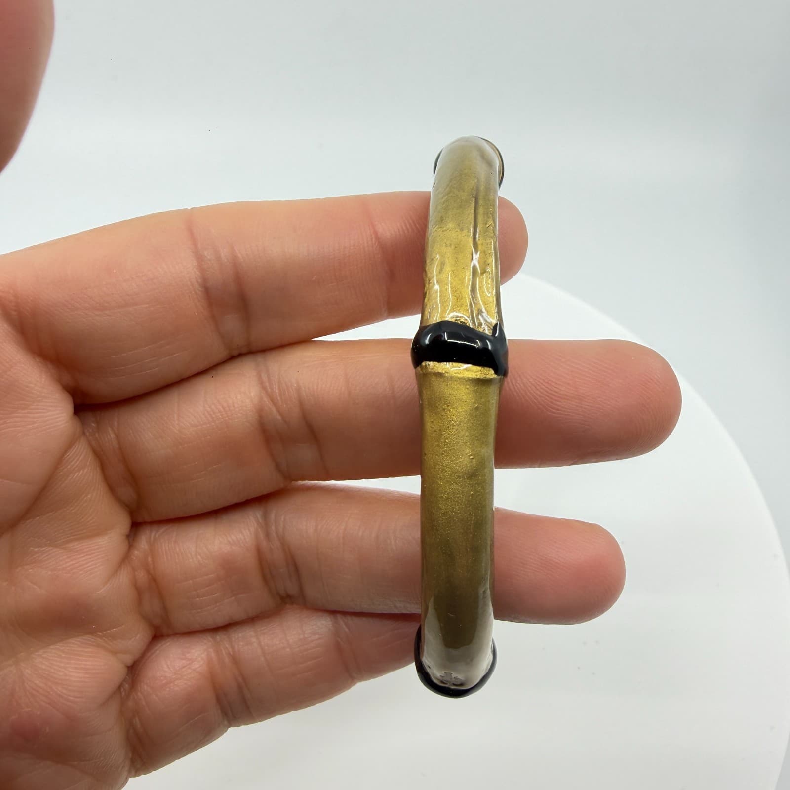 Gold Tone Bamboo Style Bangle Bracelet Black Accents Minimalist Boho Statement