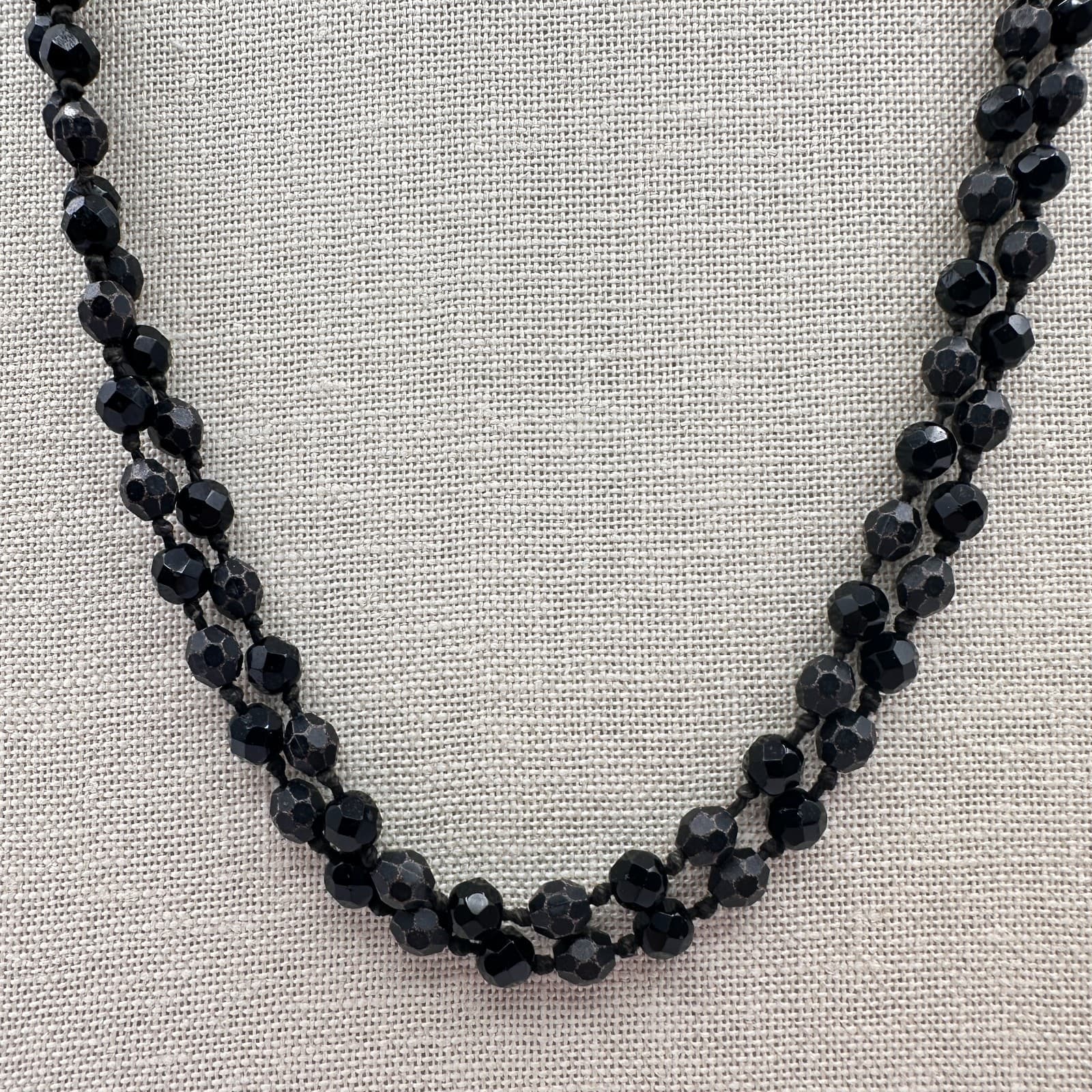 Vintage 90s Jet Black Faceted Beaded Double Strand Rope Necklace Boho Jewelry