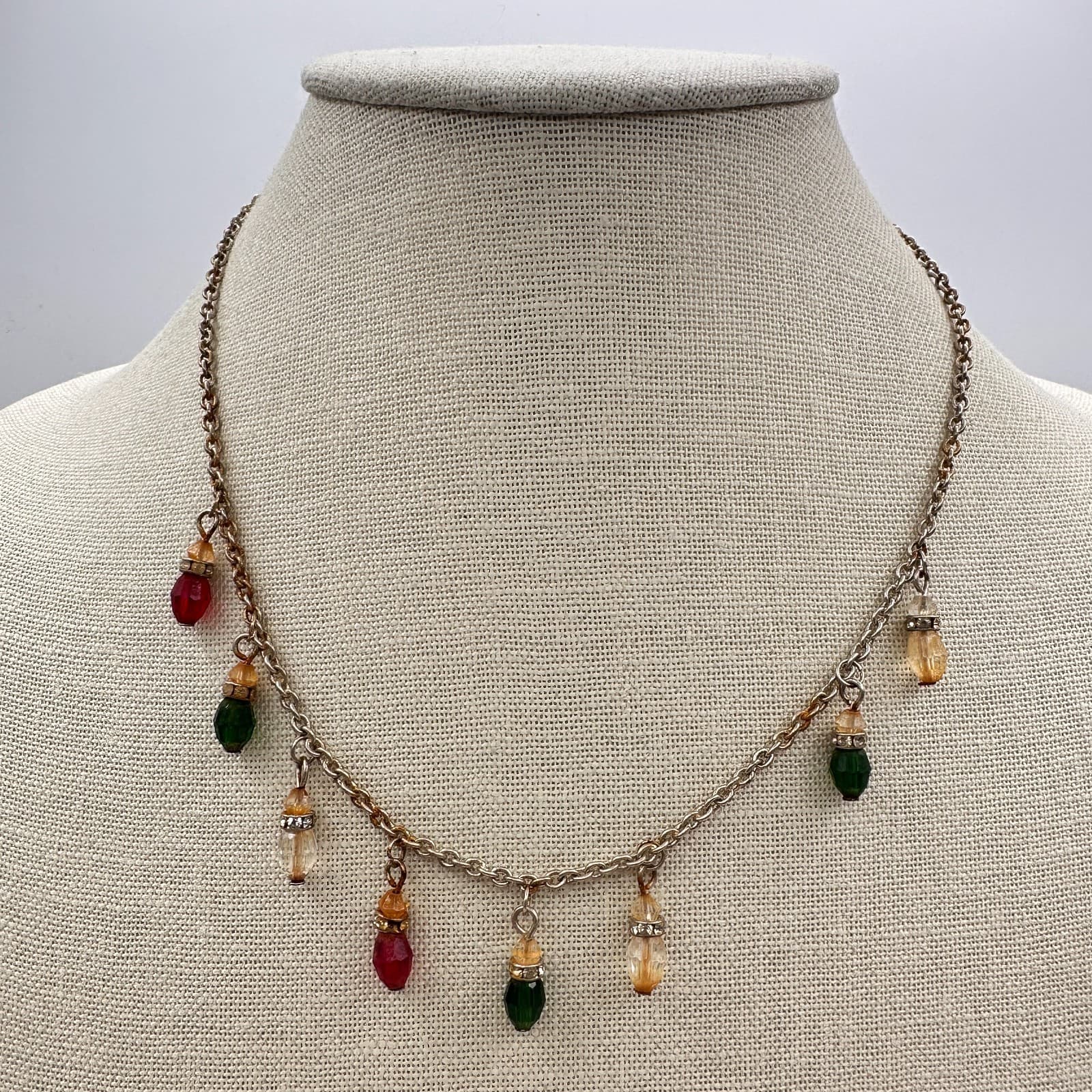 Vintage 90s Christmas Light Bulb Glass Charm Gold Tone Necklace Fashion Jewelry