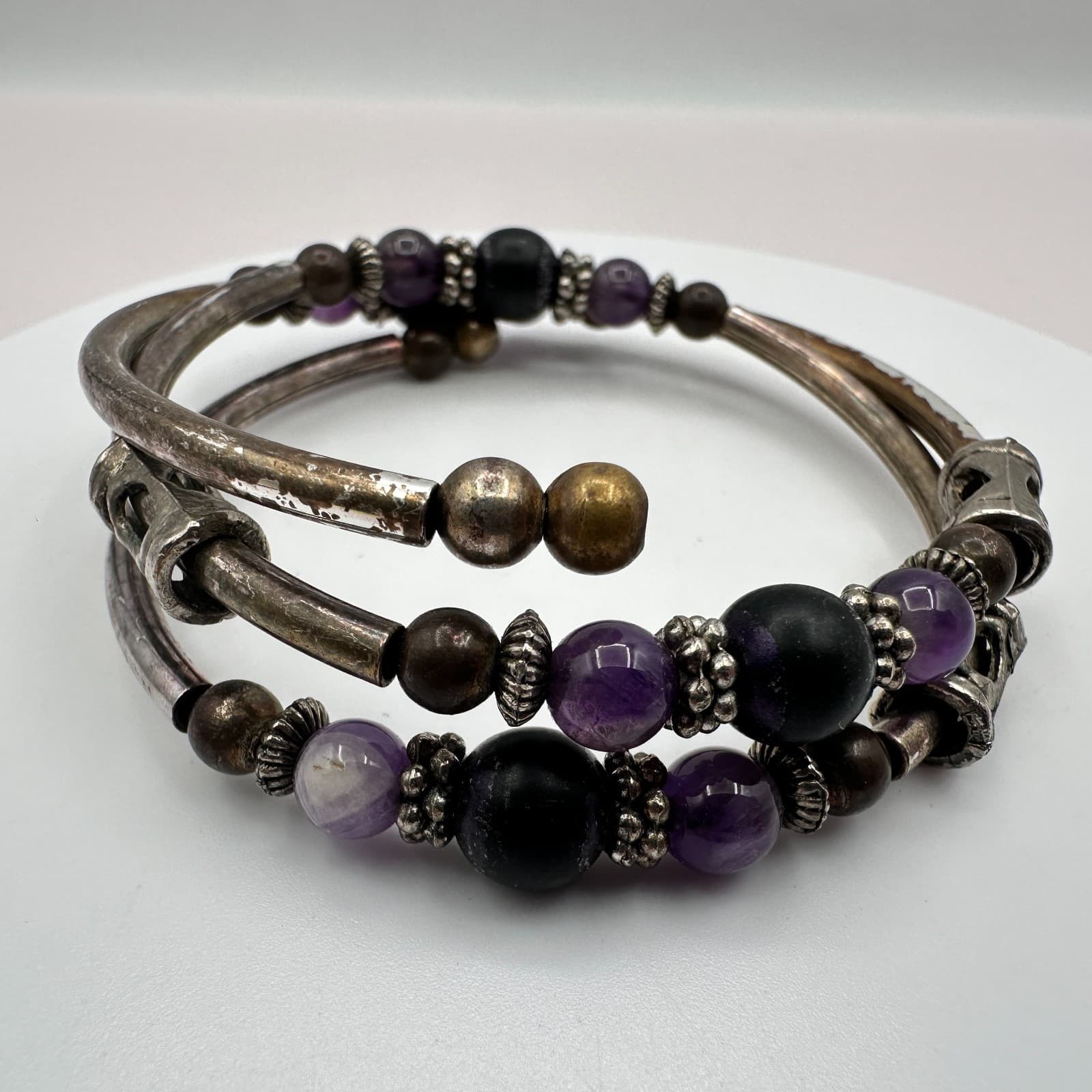 Vintage Silver Tone Purple Amethyst Color Coil Wrap Bracelet Cuff Stack Boho Y2K