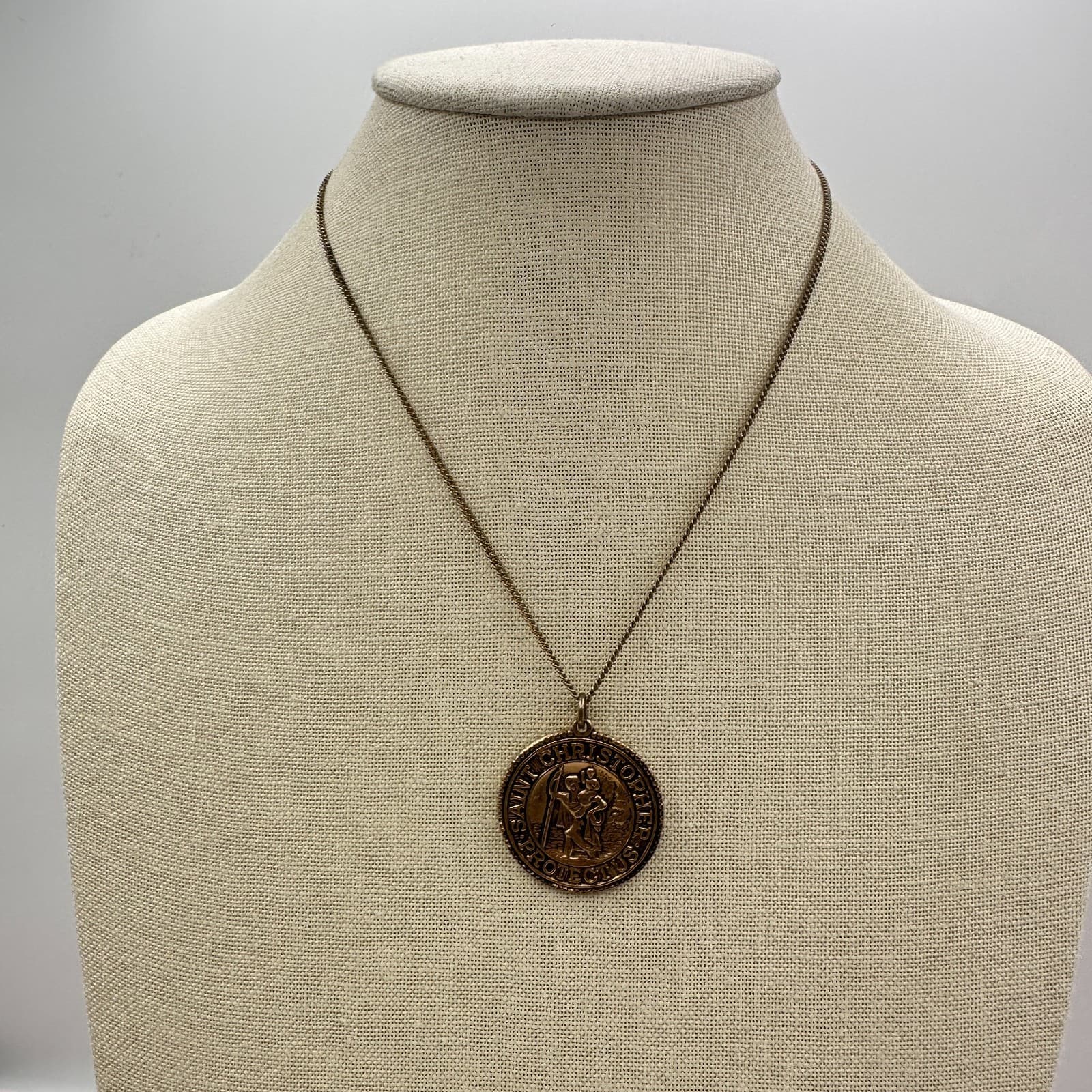 Vintage 70s Christopher Protect Medal Necklace Bronze Tone Religious Jewelry Y2K