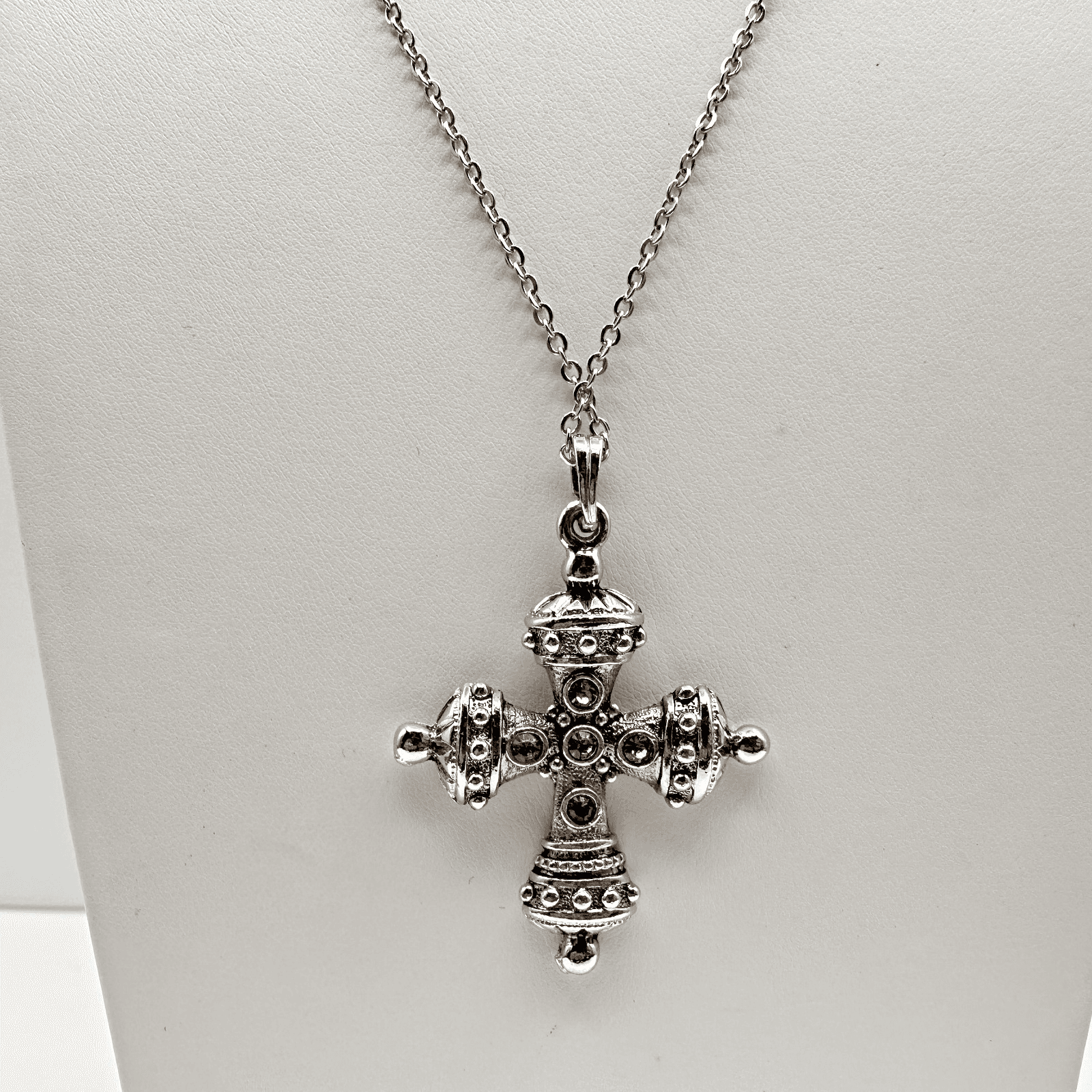 Vintage 90s Byzantine Cross Necklace Silver Tone Clear Glass Gothic Pendant Y2K