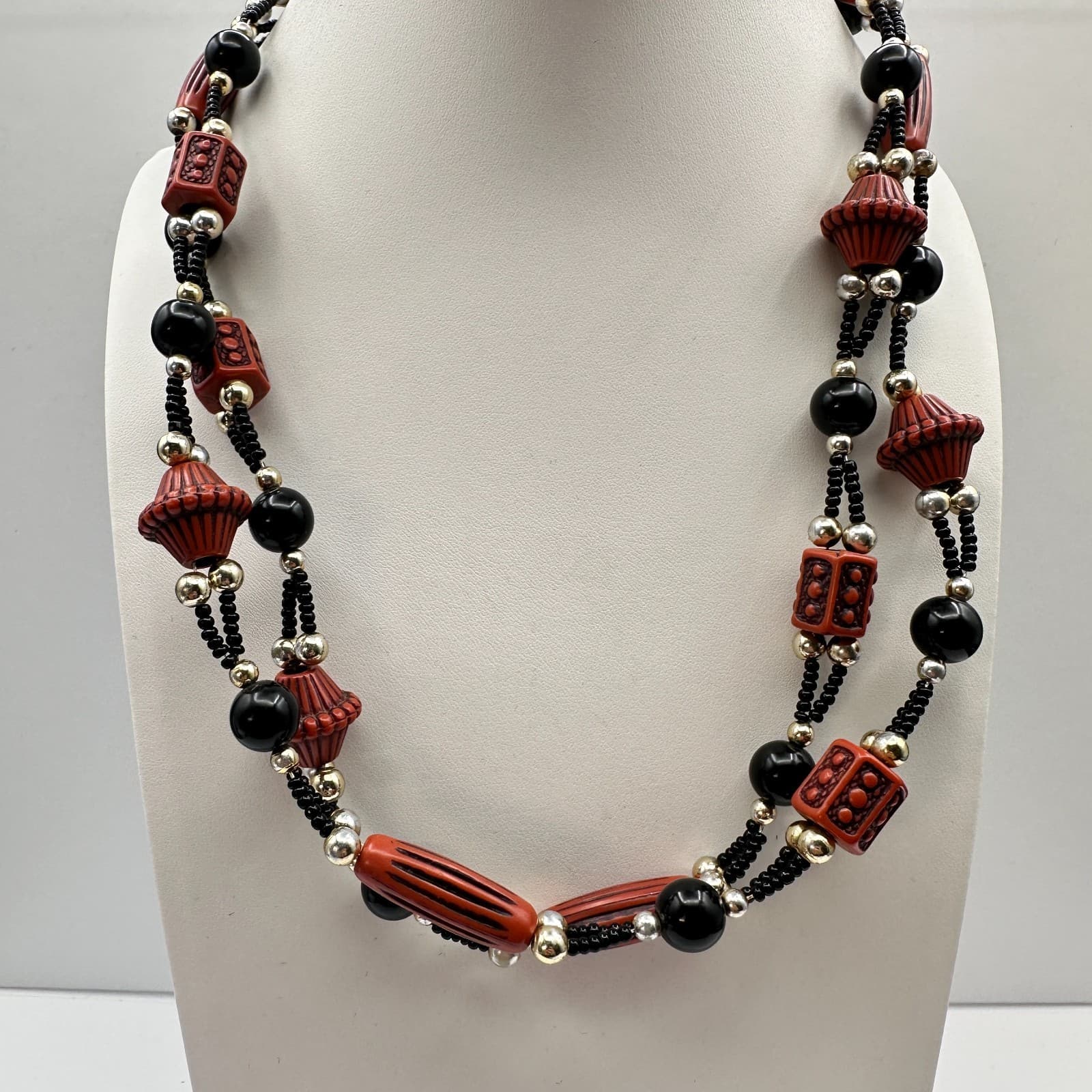 Vintage 80s 90s Silver Tone Black Beaded Multi-Strand Necklace Women's Jewelry