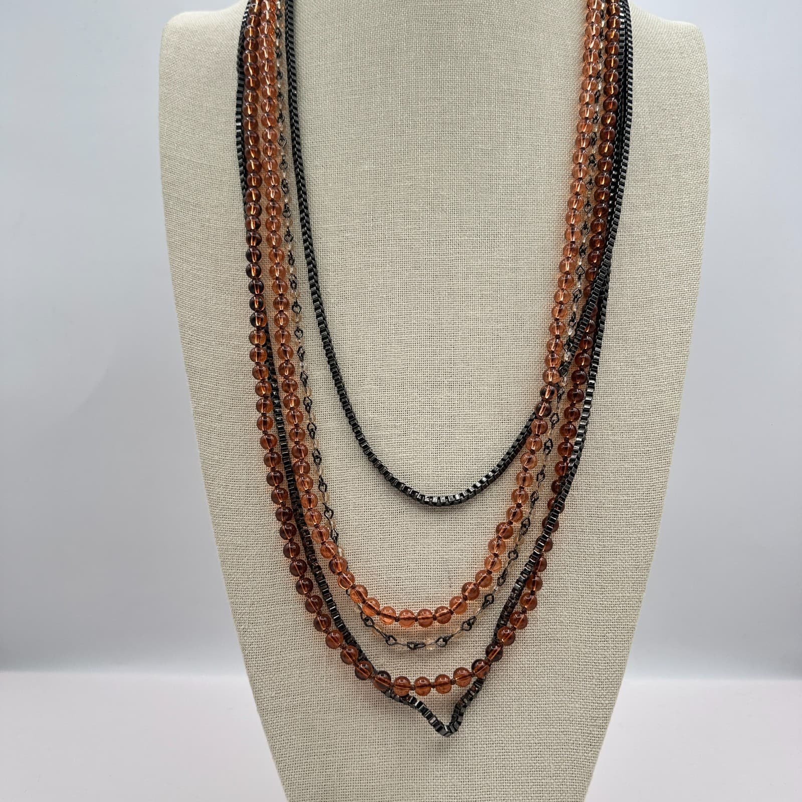 VTG Y2K Gunmetal Tone Beaded Multi Strand Necklace Statement Box Chain Jewelry