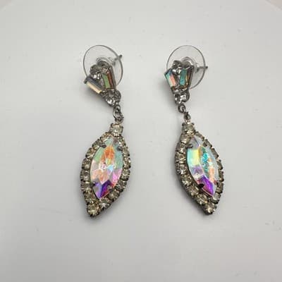 Vintage 90s Silver Tone Glass Aurora Borealis Marquise Dangle Earrings Jewelry
