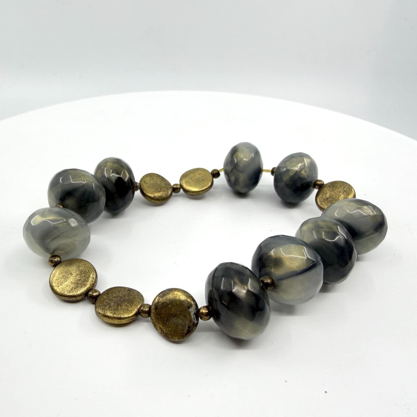 Gray Gold Tone Marble Stretch Bracelet Faceted Beads Stackable Statement Jewelry