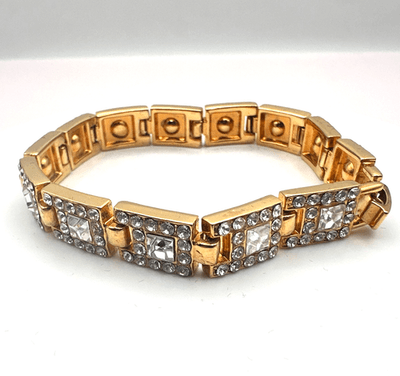 Vintage 90s Gold Tone Link Bracelet Clear Glass Square Art Deco Fashion Jewelry