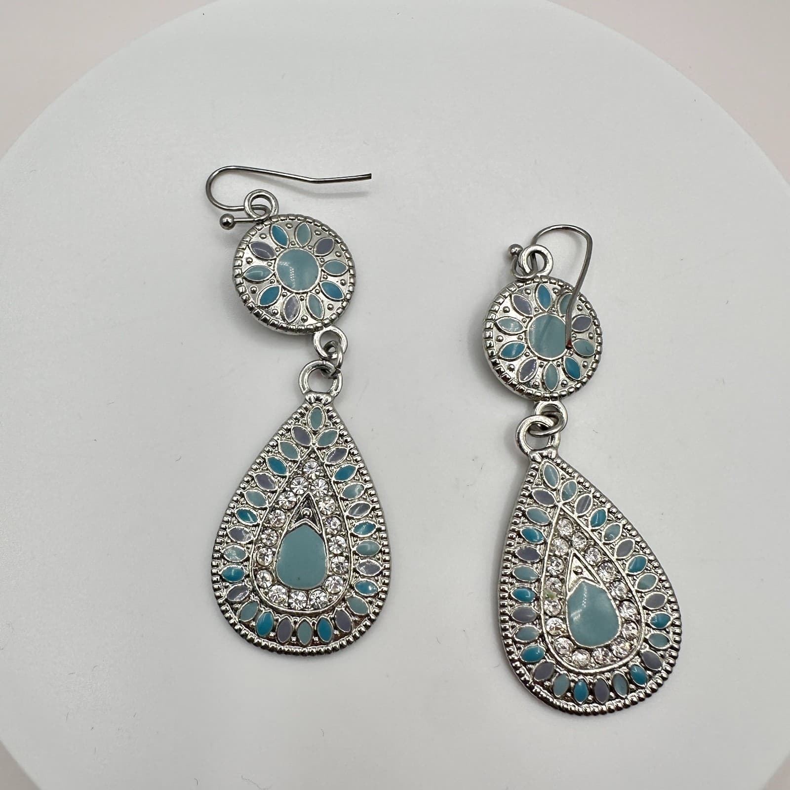 Vintage 90s Teardrop Dangle Earrings Silver Tone Blue Enamel Glass Floral Boho