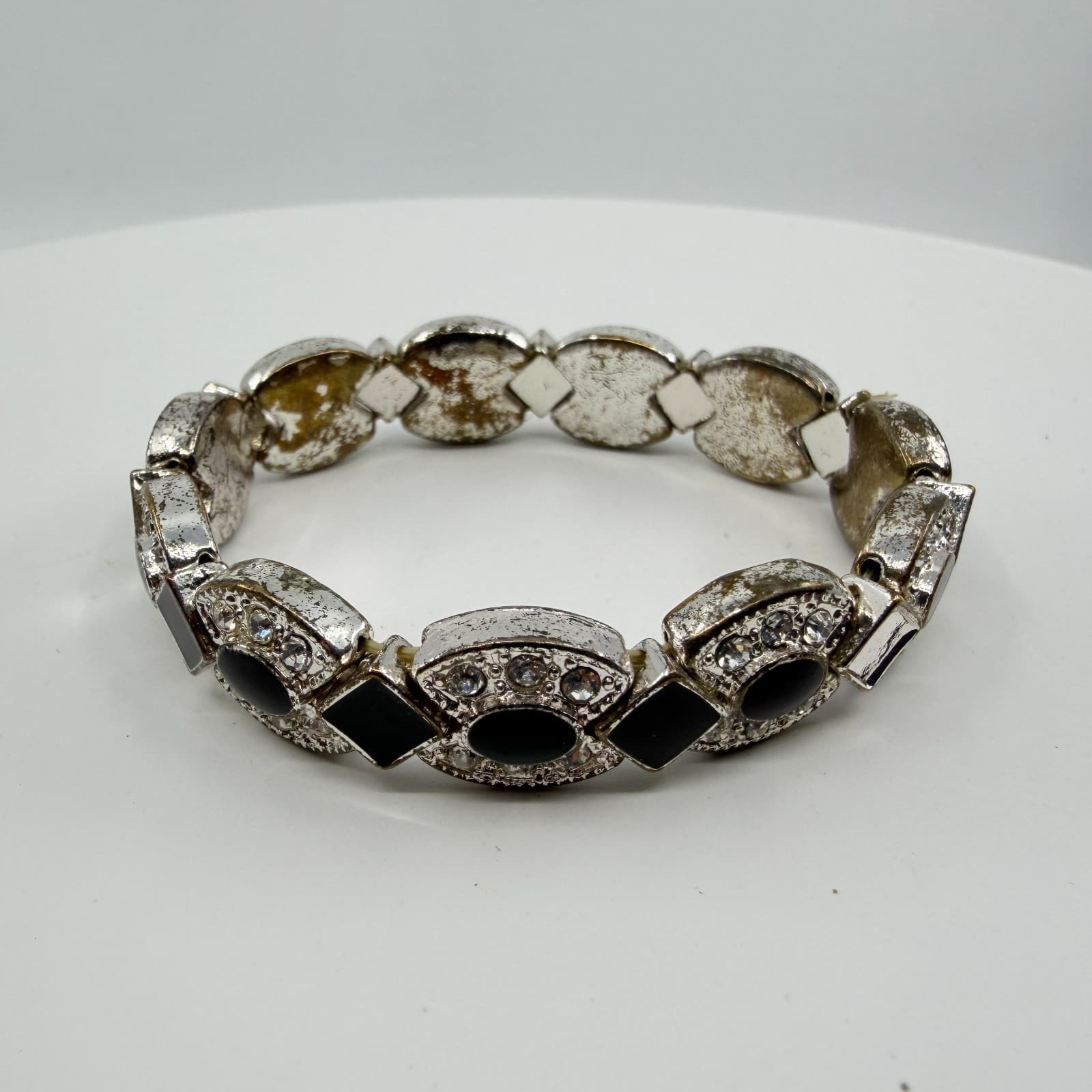 Black Stone Rhinestone Link Stretch Bracelet Silver Tone Boho Statement Jewelry