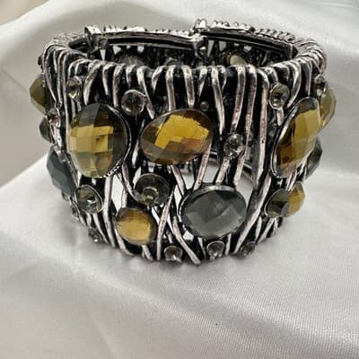 Vintage 90s Silver Tone Wide Cuff Bracelet Amber Glass Boho Fashion Jewelry