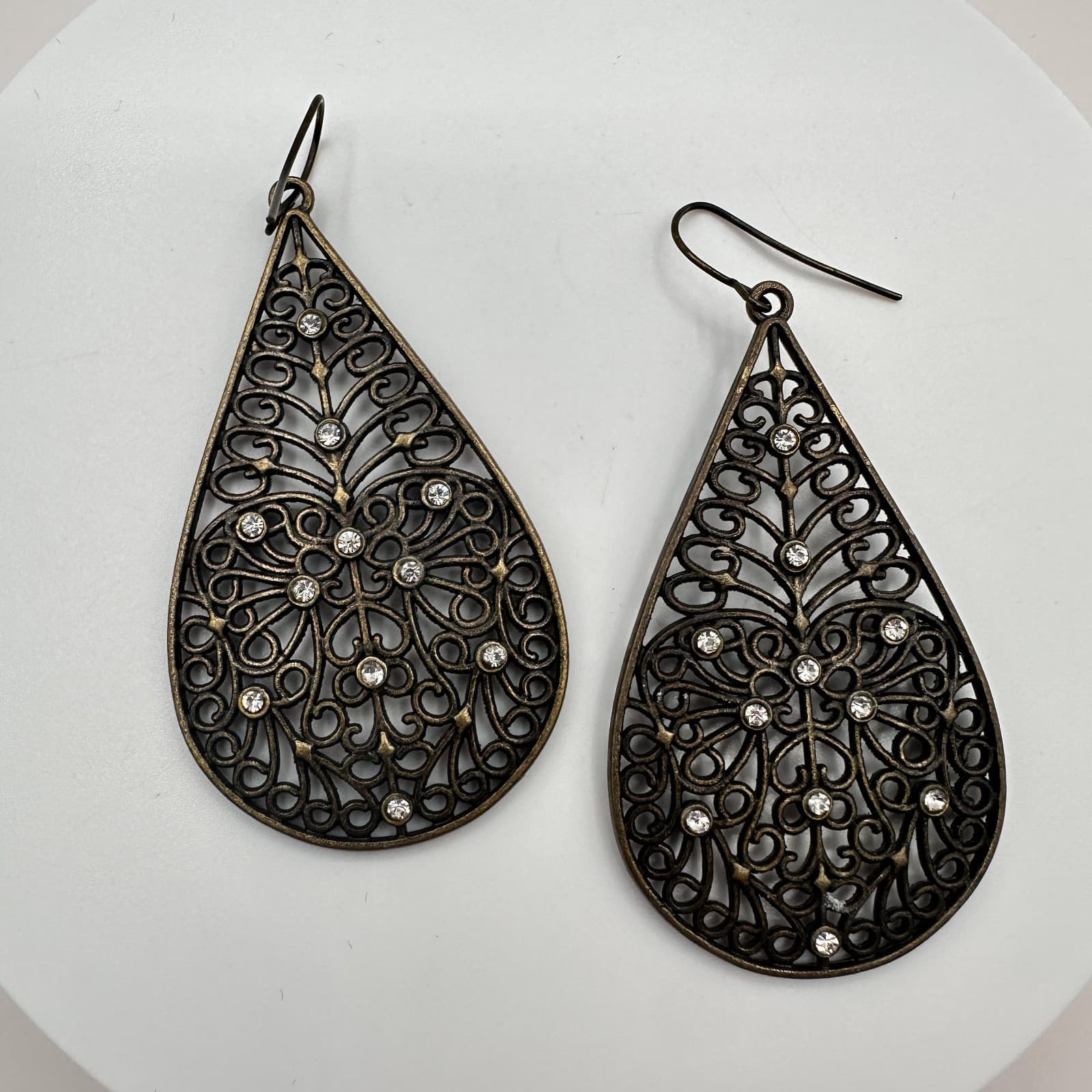 Vintage 90s Bronze Tone Filigree Teardrop Earrings Boho Glass Dangle Fashion Y2K