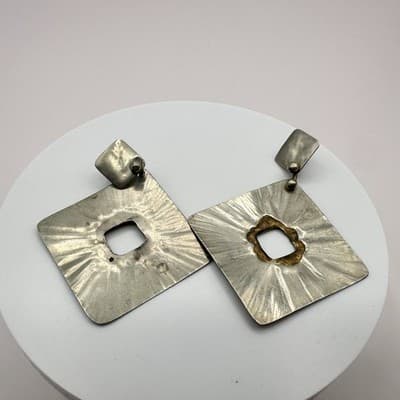 Vintage 80s Hammered Silver Tone Abstract Square Dangle Earrings Brutalist Boho