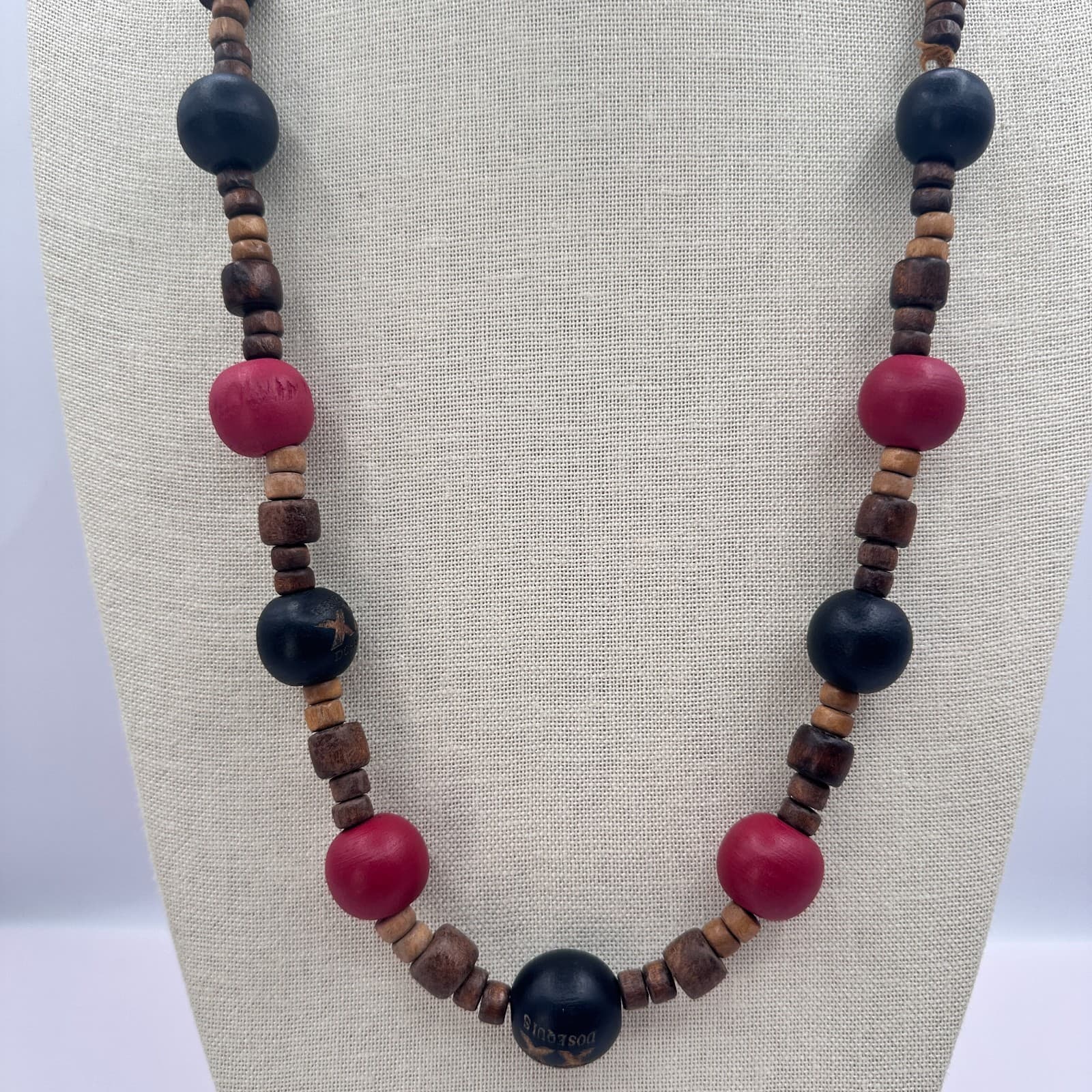 Vintage 90s Dos Equis Wood Bead Necklace Boho Tribal Women's Classic Jewelry