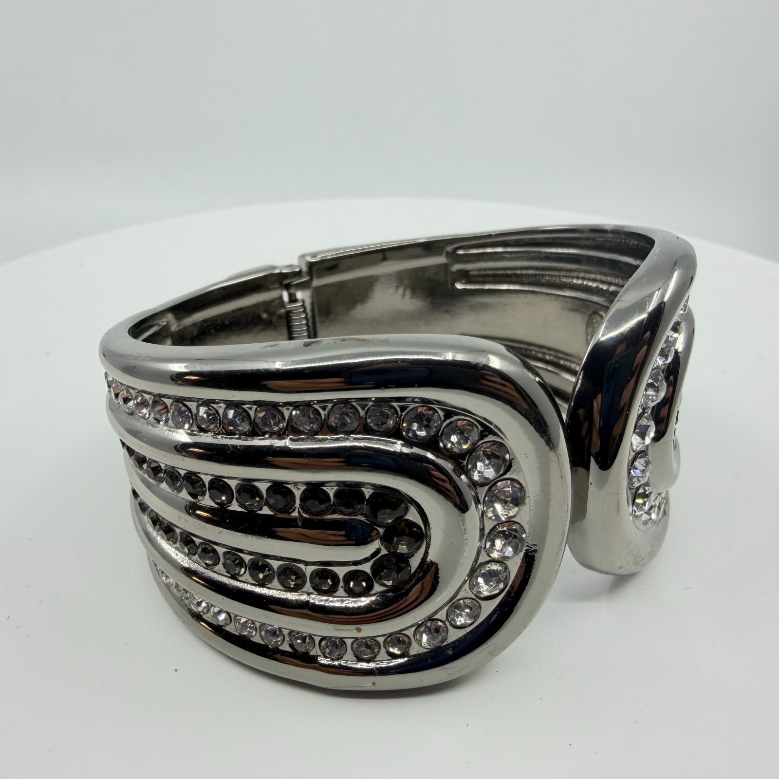Y2K Statement Hinged Cuff Bracelet Silver Tone Rhinestones Bold Modern Design