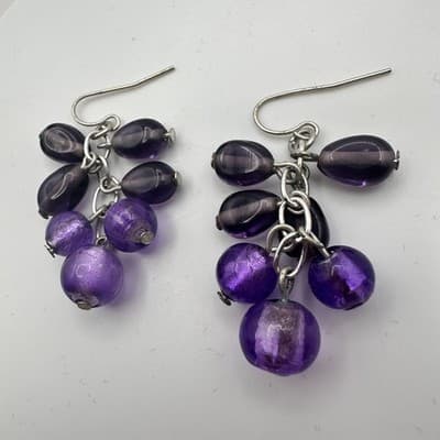 Vintage Y2K Purple Beaded Dangle Earrings Silver Tone Women's Classic Jewelry