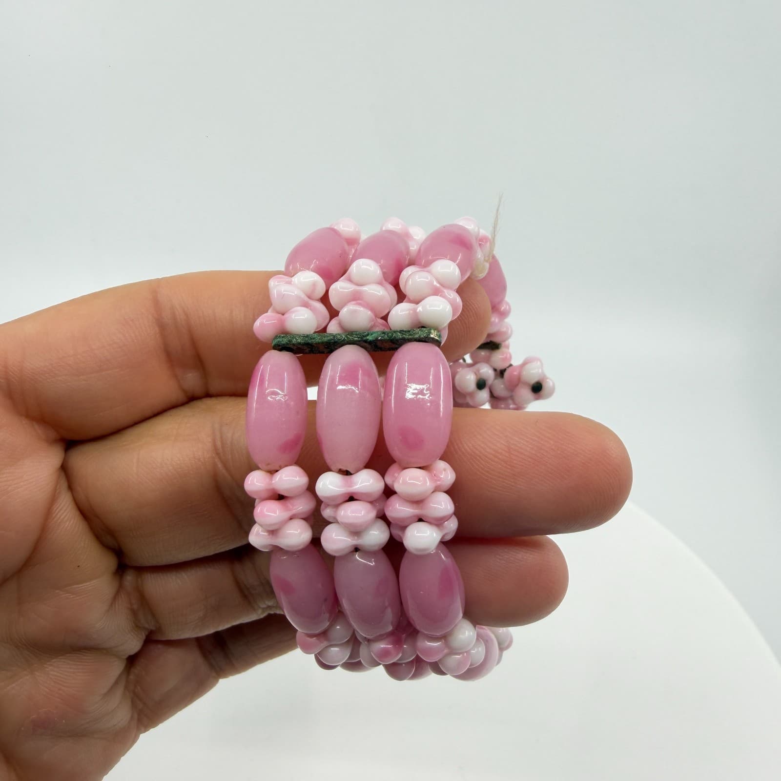 Triple Strand Pink Swirl Glass Bead Bracelet Romantic Cottagecore Jewelry Piece