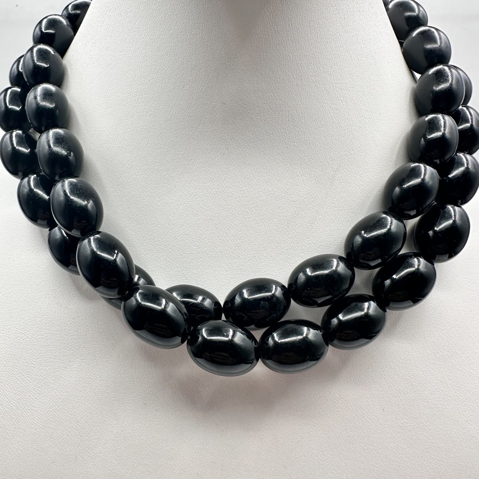 Vintage 90s Black Oval Beaded Multi Strand Necklace Statement Women's Jewelry