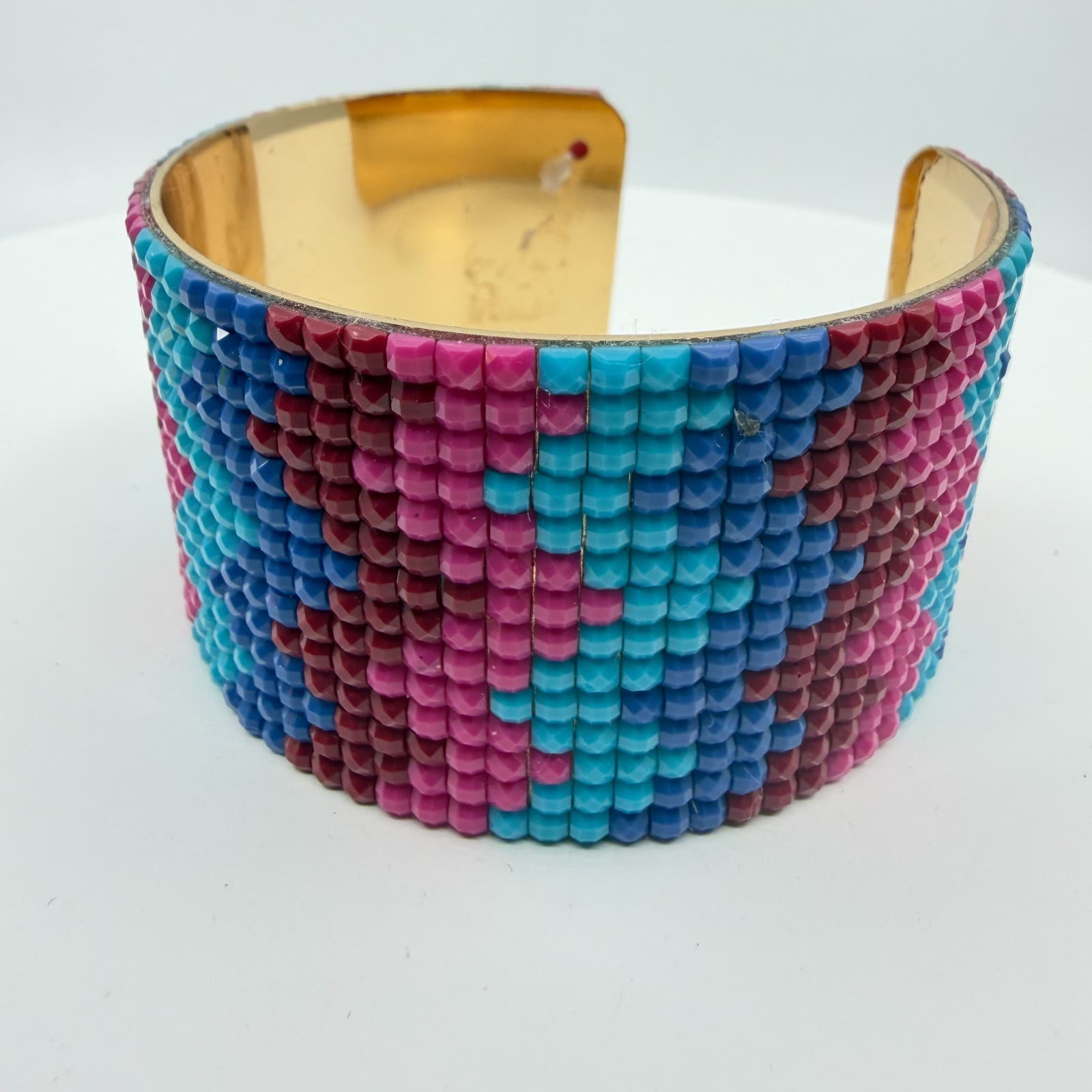 Boho Beaded Cuff Bracelet Vibrant Mosaic Pattern Gold Tone Wide Statement Piece