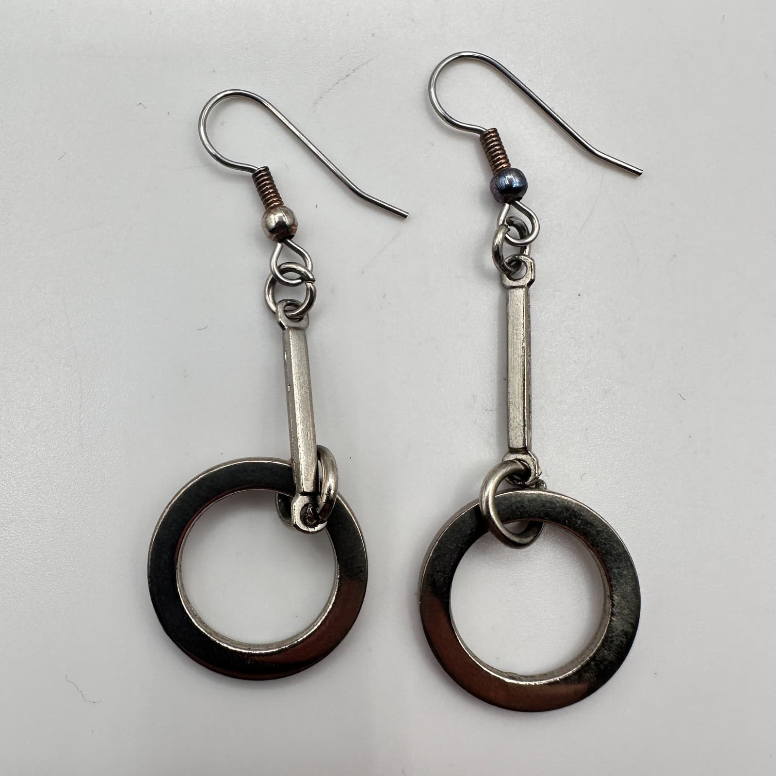 Vintage 90s Silver Tone Geometric Hoop Dangle Earrings Minimalist Modern Fashion