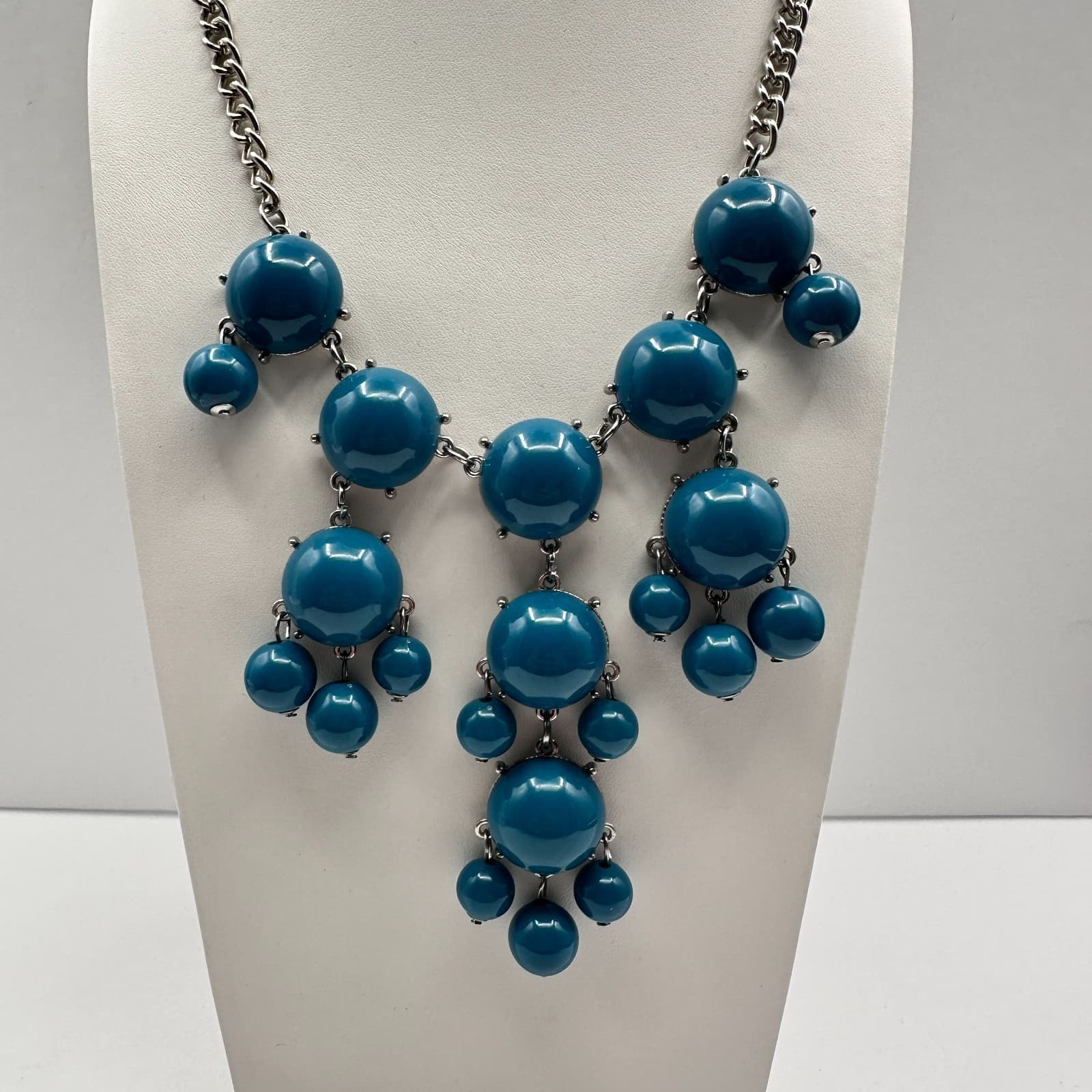 Vintage Y2K Blue Cabochon Beaded Statement Bib Necklace Silver Tone Boho Jewelry
