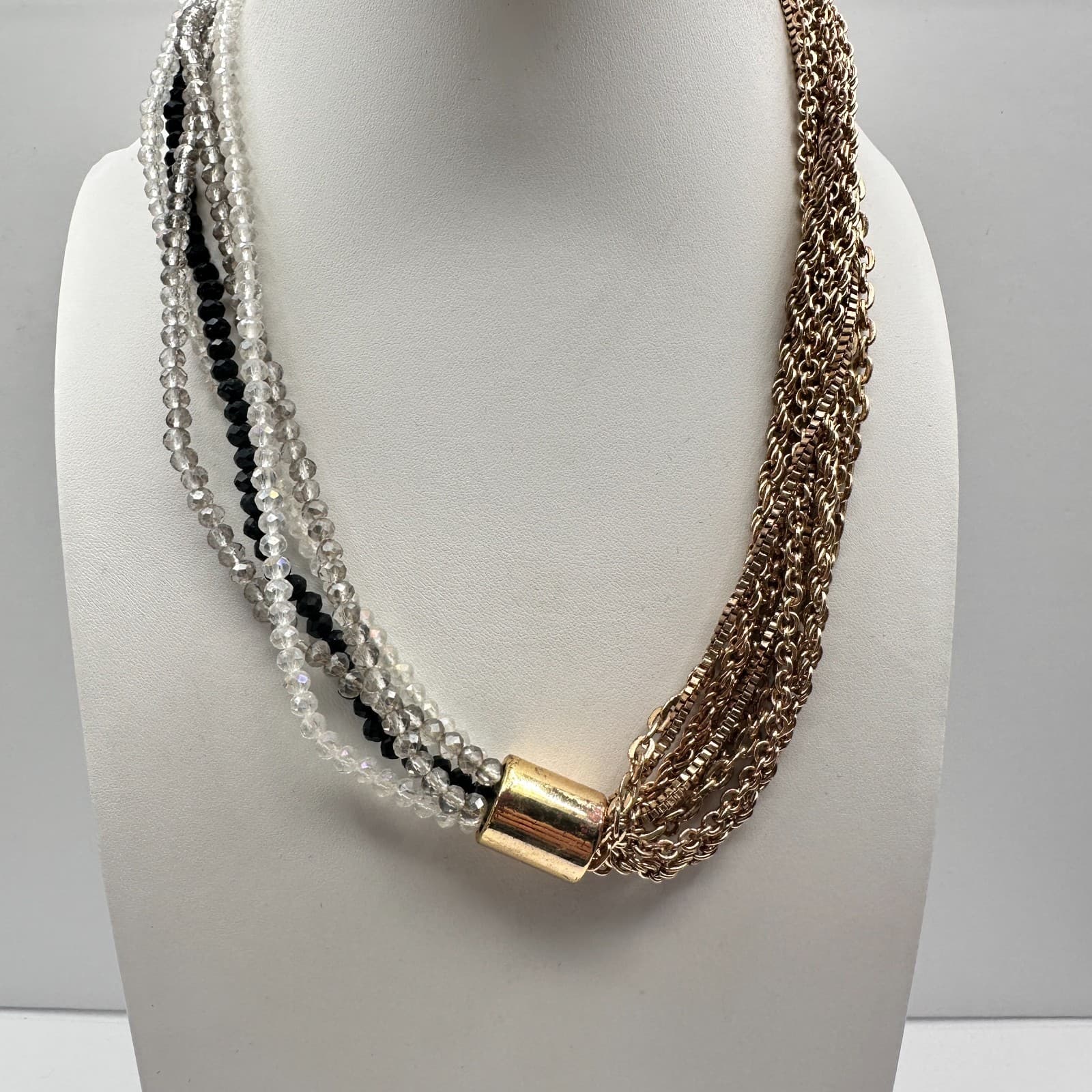 Vintage Y2K Collar Necklace Gold Tone Multi Strand Chain Crystal Beaded Jewelry