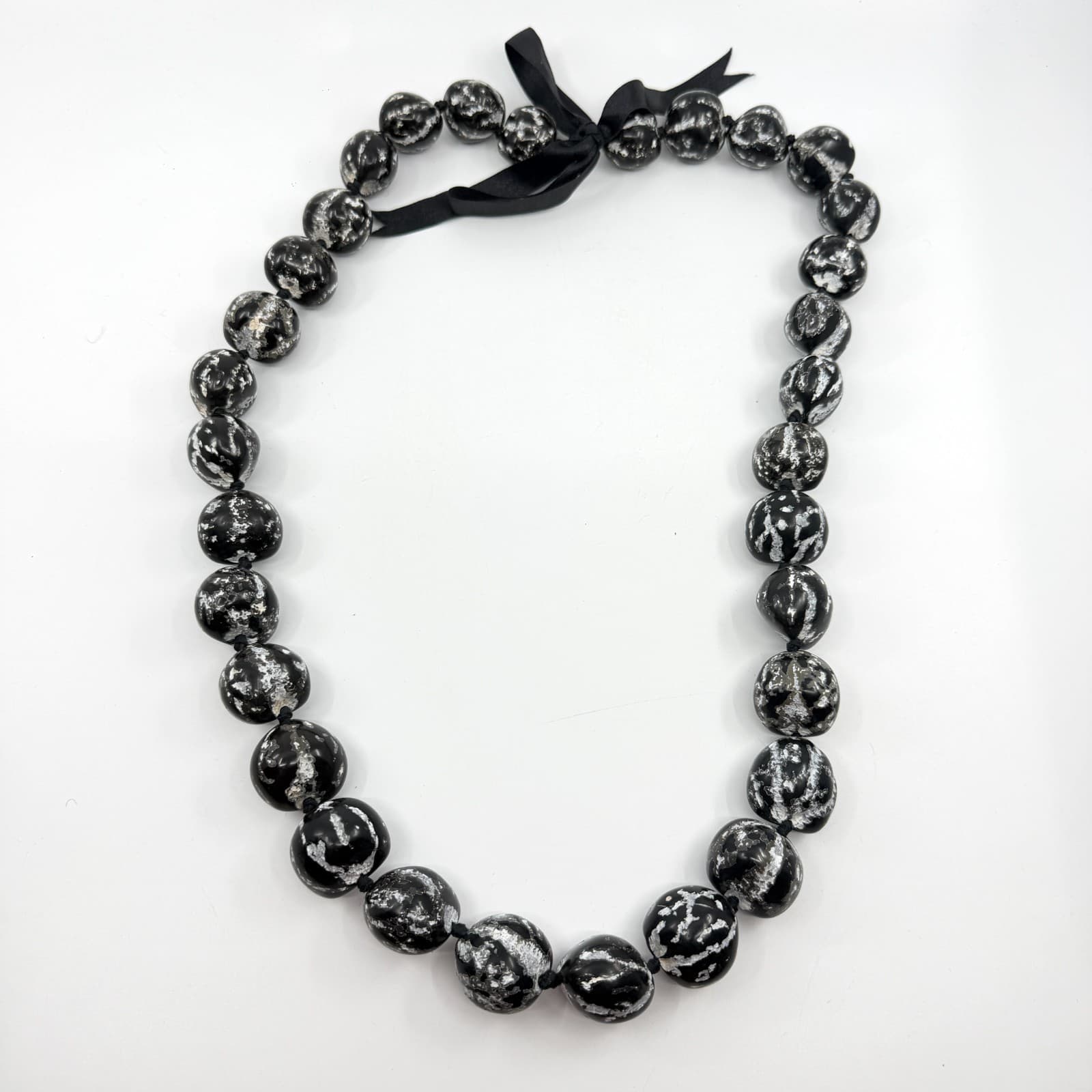 Chunky Black Kukui Nut Lei Necklace Gothic Hawaiian Statement Ribbon Tie Gift