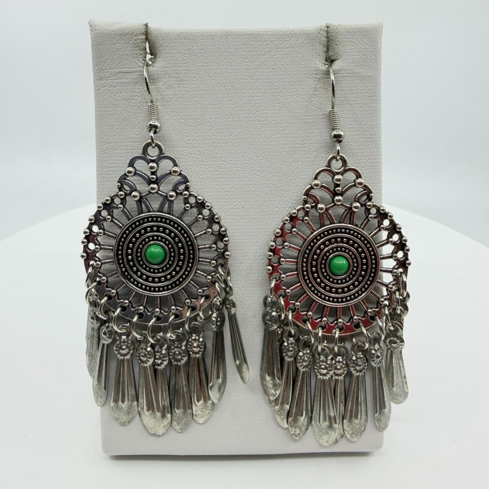 Silver Tone Green Bead Mandala Chandelier Earrings Statement Fringe Festival