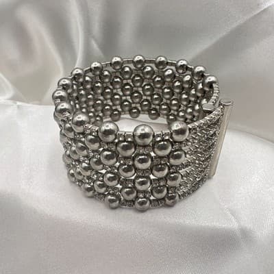 Vintage 90s Silver Tone Multi Row Bead Clear Glass Wide Cuff Statement Bracelet