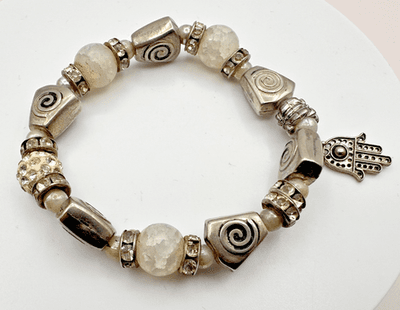 Vintage 90s Hamsa Hand Charm Stretch Bracelet Silver Tone Rhinestone Beaded Boho