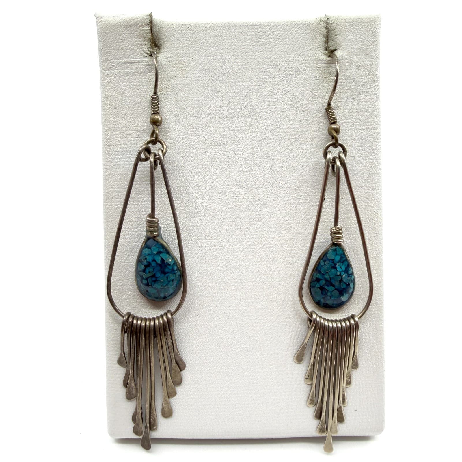 Boho Southwestern Blue Stone Inlay Teardrop Fringe Dangle Statement Earrings