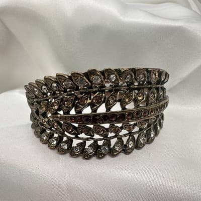Vintage Y2K Bronze Tone Rhinestone Leaf Wide Cuff Bracelet Women's Jewelry
