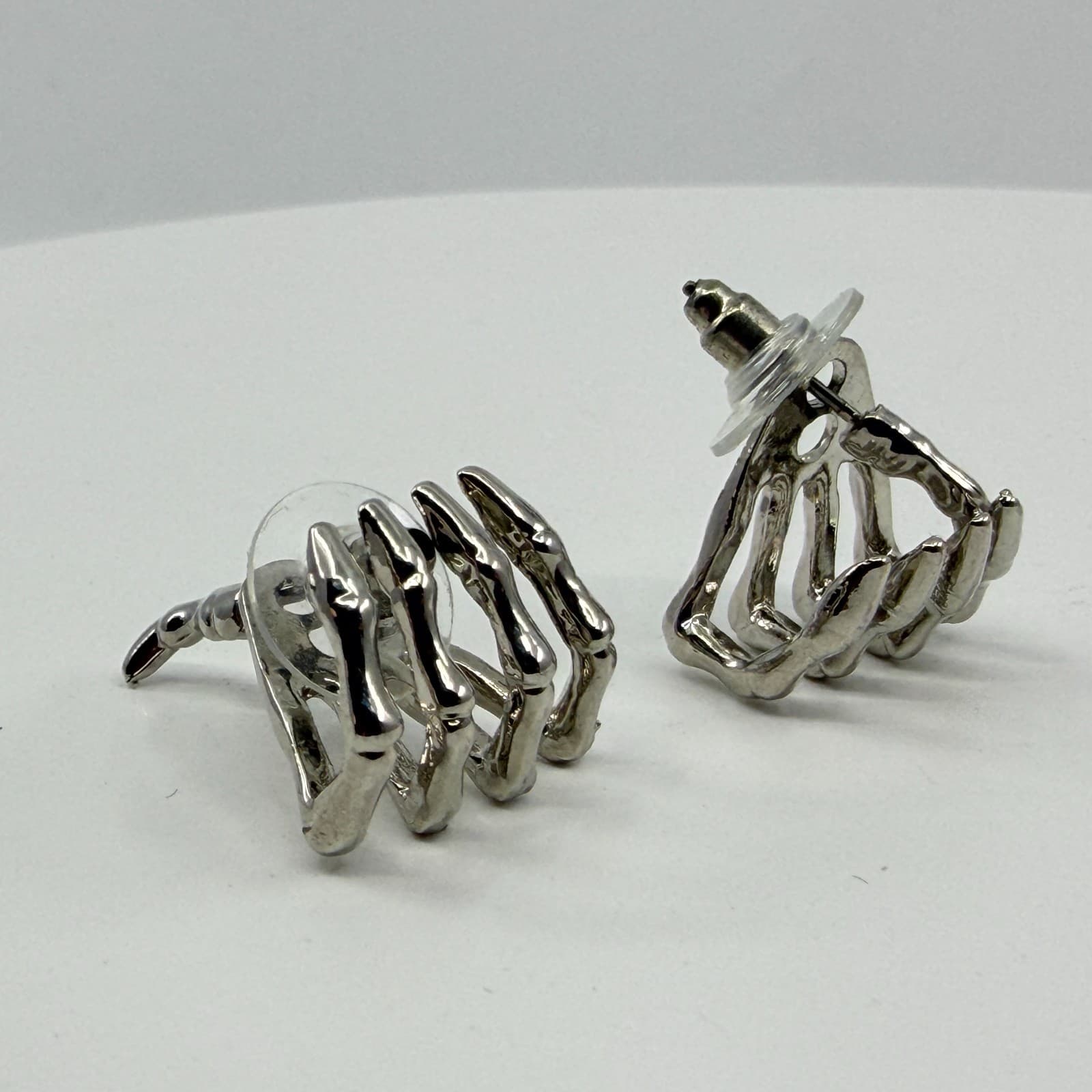 Gothic Silver Tone Skeleton Hand Post Stud Earring Punk Halloween Statement Gift