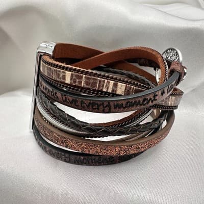 Vintage 90s Silver Tone Tree of Life Charm Brown Leather Wrap Bracelet Jewelry