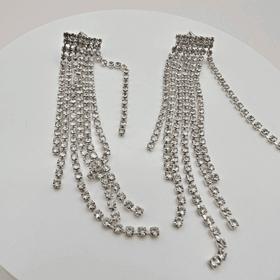 Vintage Y2K Clear Rhinestone Tassel Fringe Dangle Earrings Silver Tone Jewelry