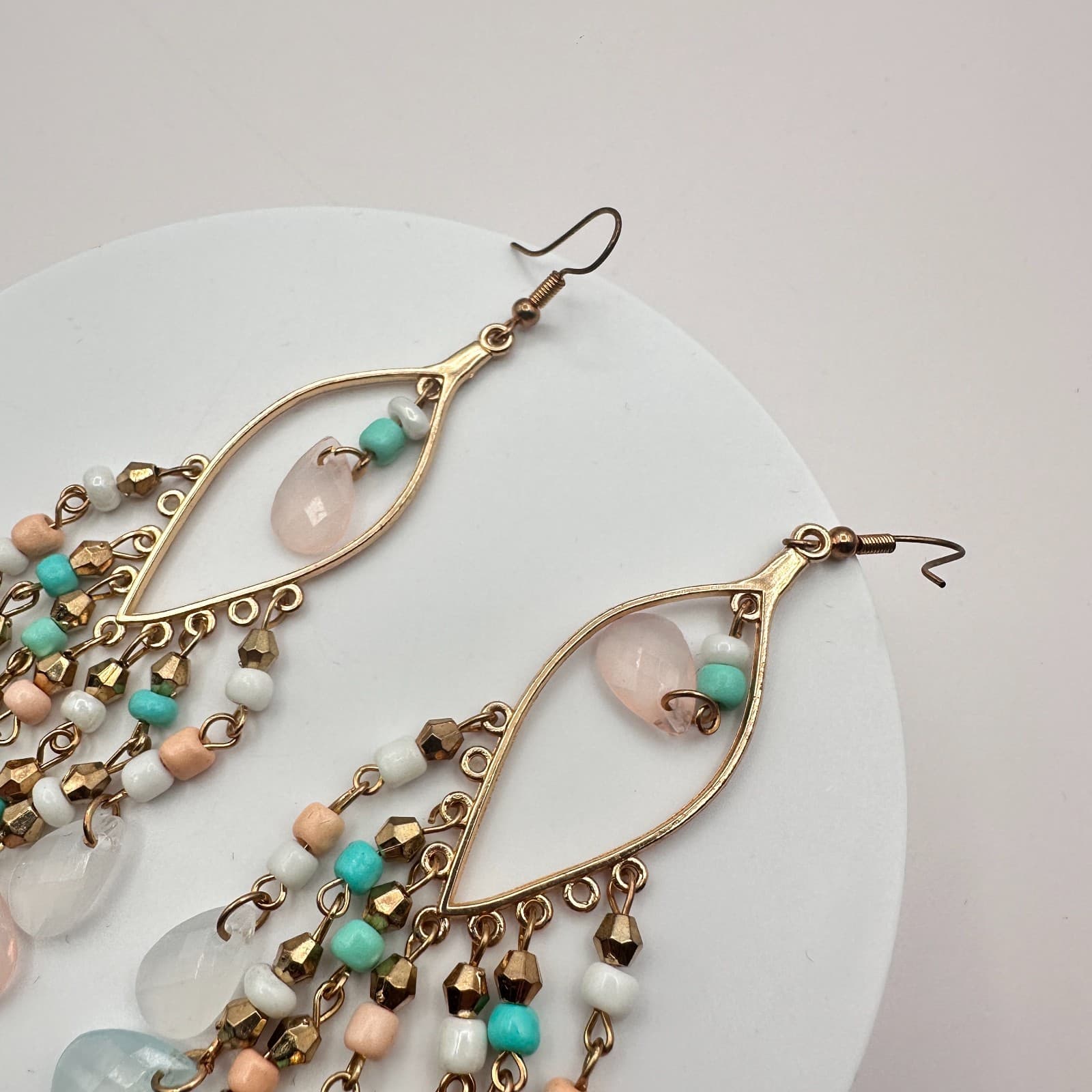 VTG Y2K Gold Tone Teardrop Beaded Chandelier Earrings Women's Classic Jewelry