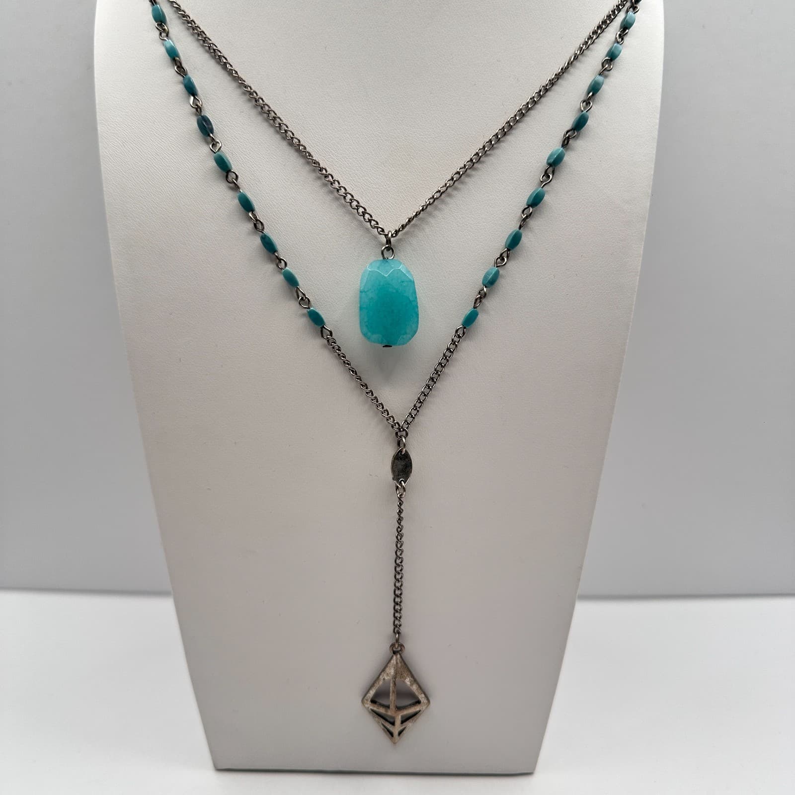 Vintage Y2K Multi Stand Necklace Silver Tone Faux Turquoise Blue Stone Jewelry